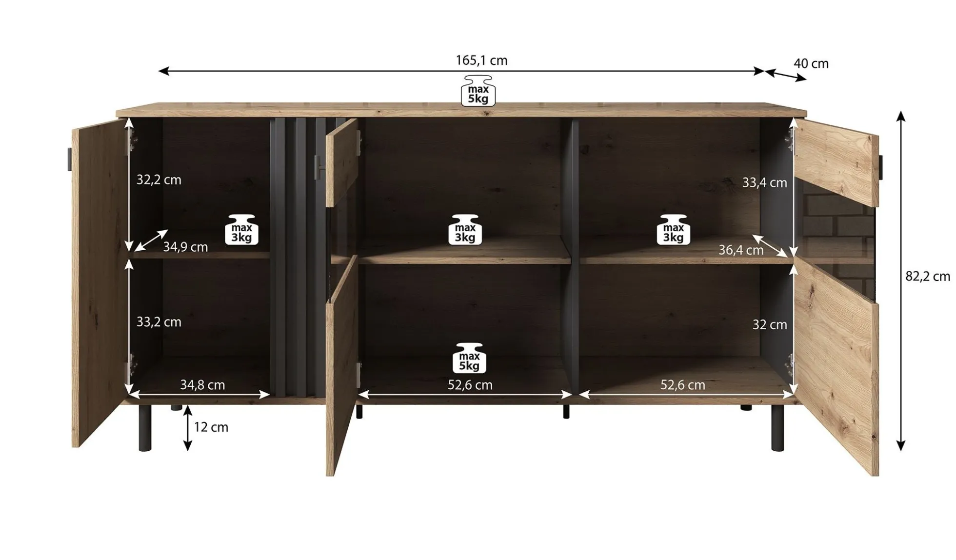 Marcos 2 - Dressoir - Eiken/antraciet - 165x40x82 cm