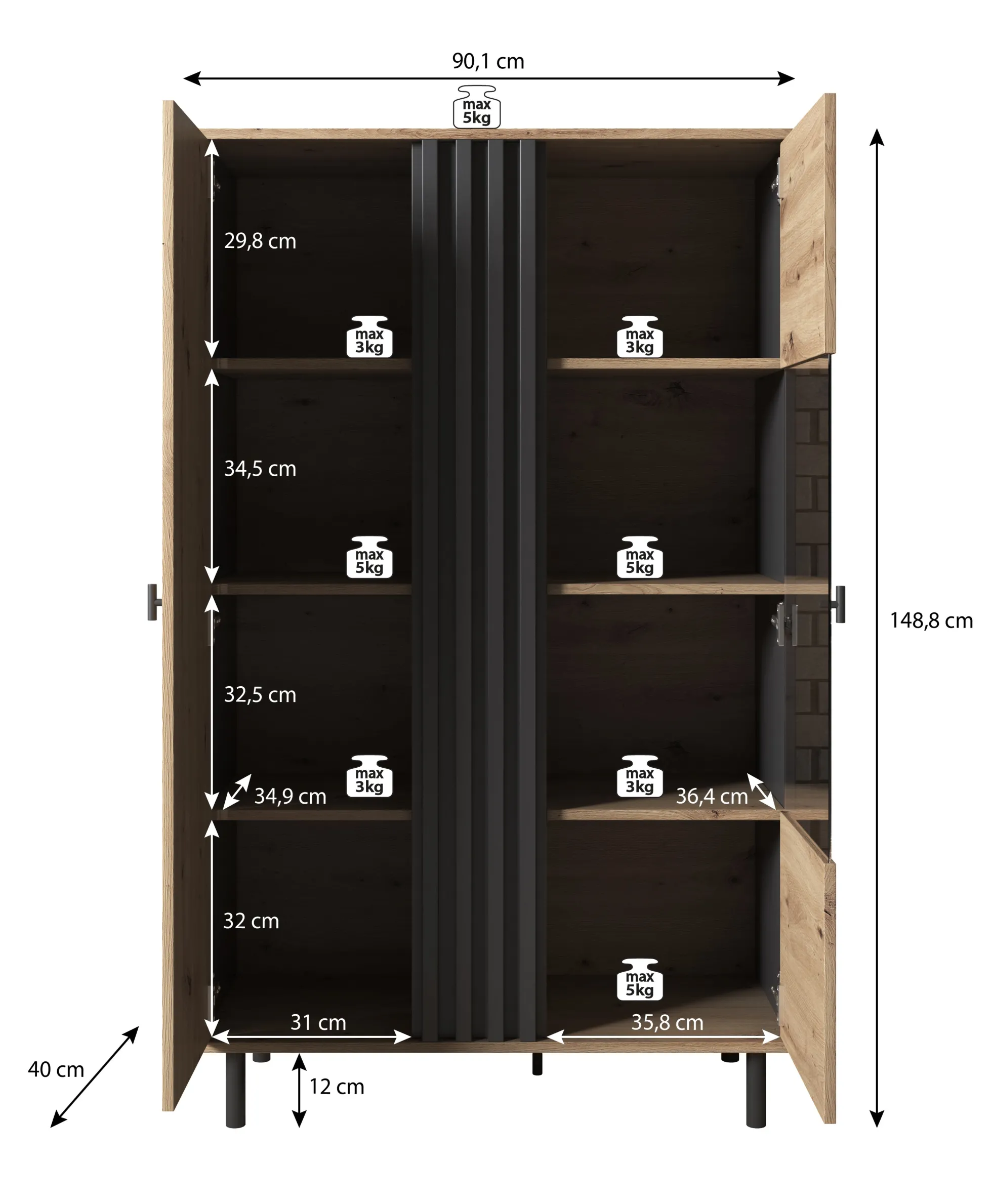 Marcos - Vitrinekast - Eiken/antraciet - 90x40x149 cm