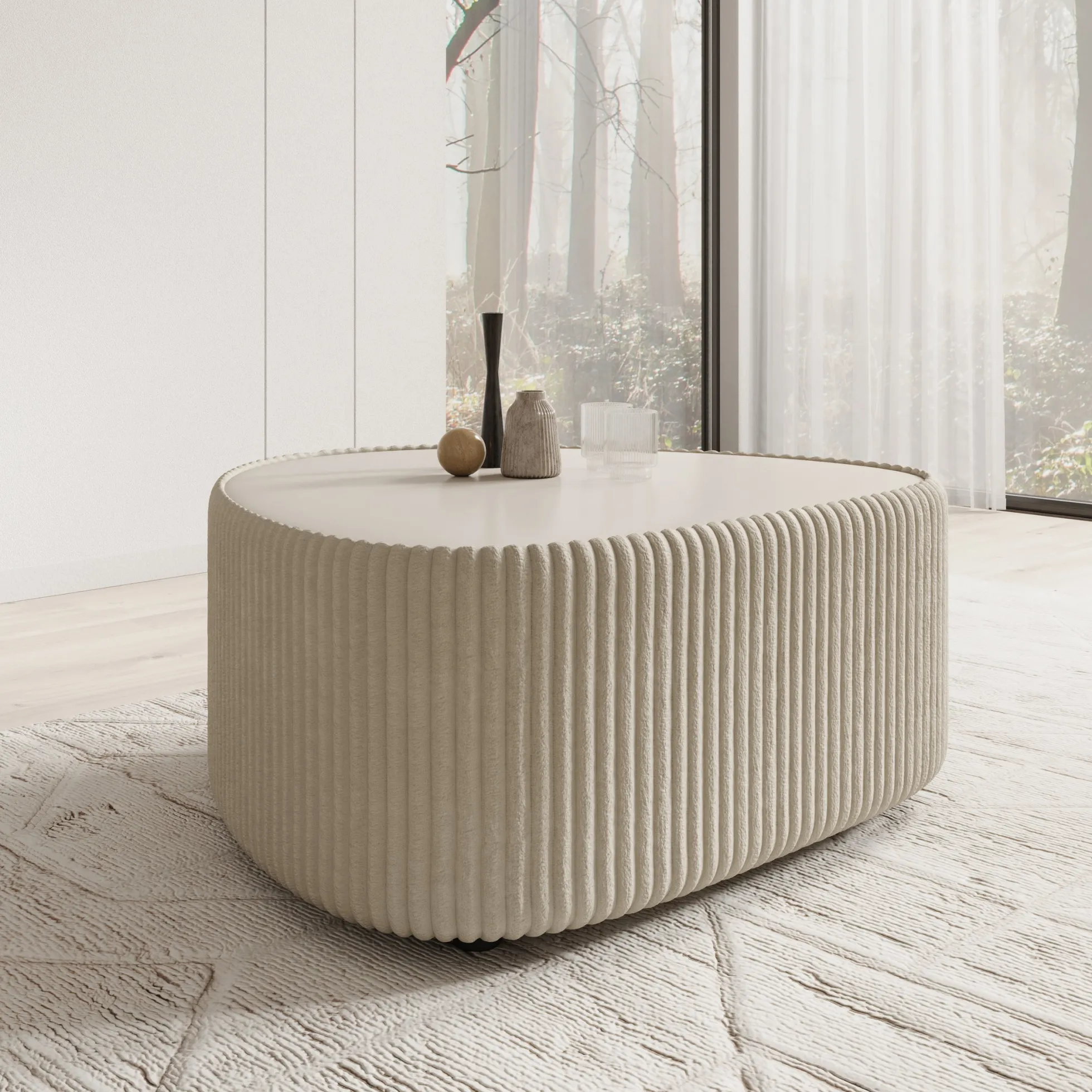 Marlen - Salontafel - Fluffy ribstof beige - 96x89x42 cm