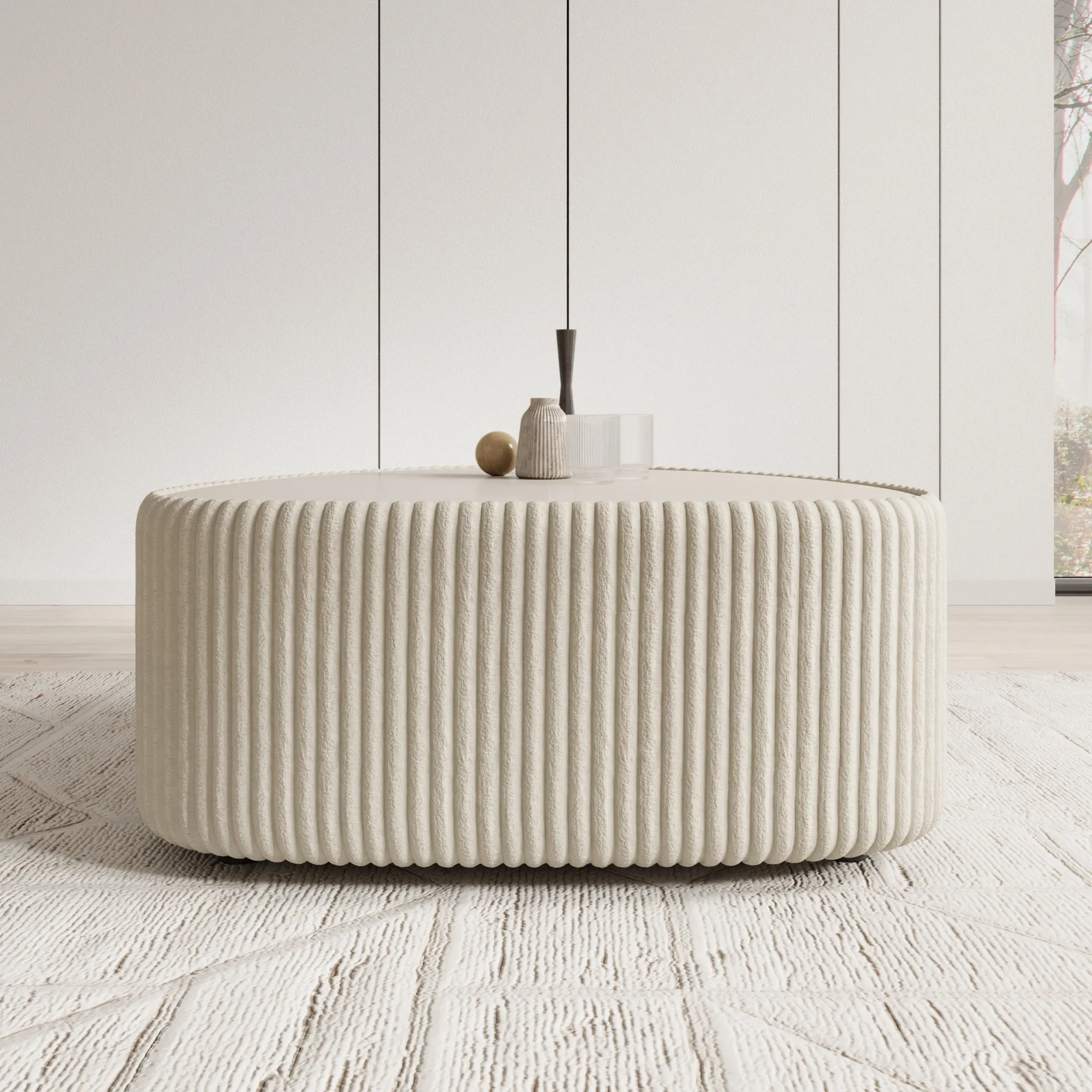 Marlen - Salontafel - Fluffy ribstof beige - 96x89x42 cm