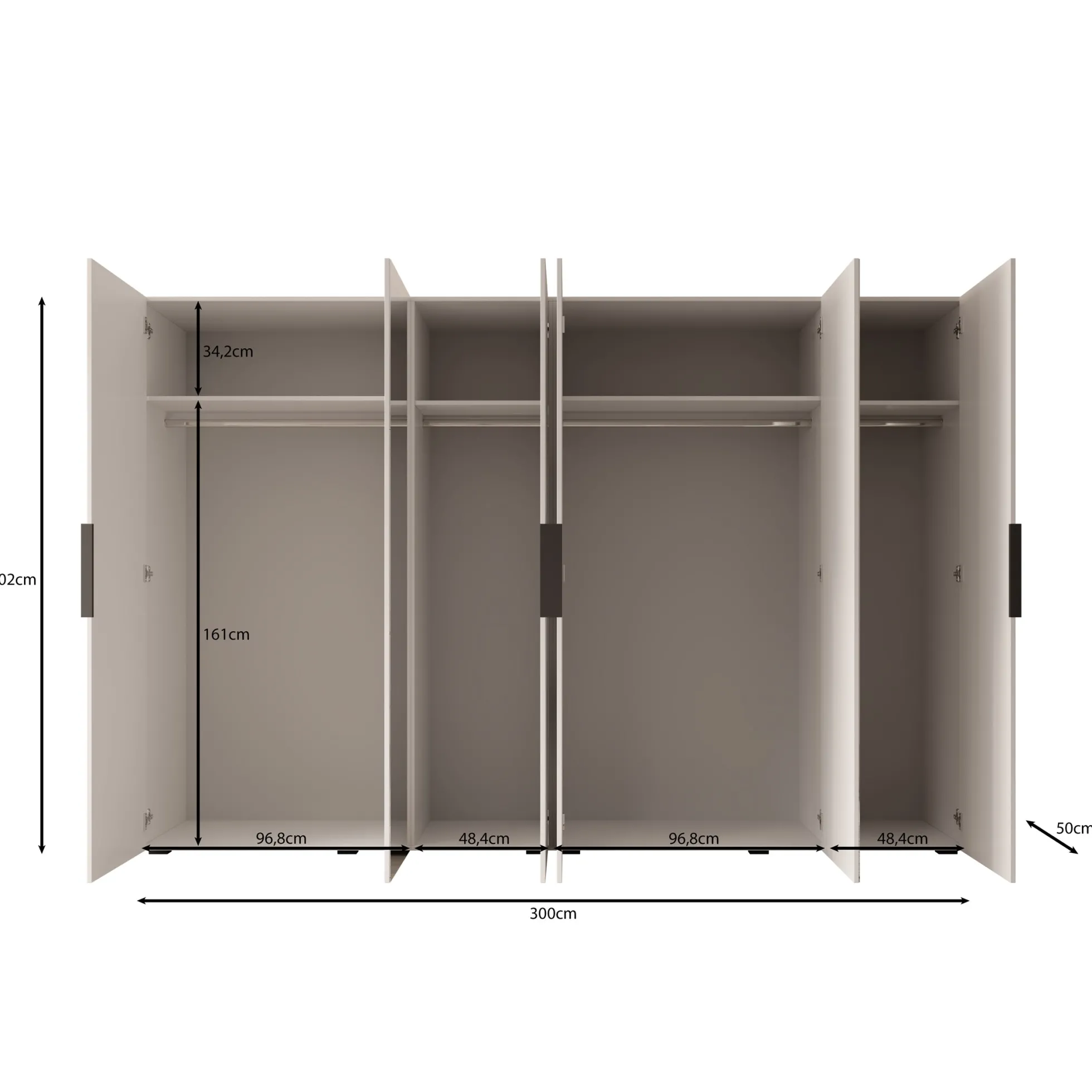 Marquesa - Kledingkast met spiegel - Wit - 300x50x202 cm