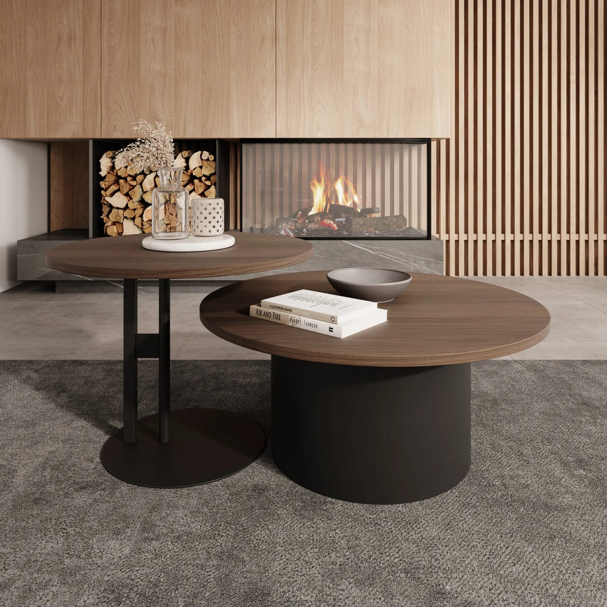 Mastro - Salontafel set van 2 - Zwart / Donker eikenpatroon - 58-75 cm