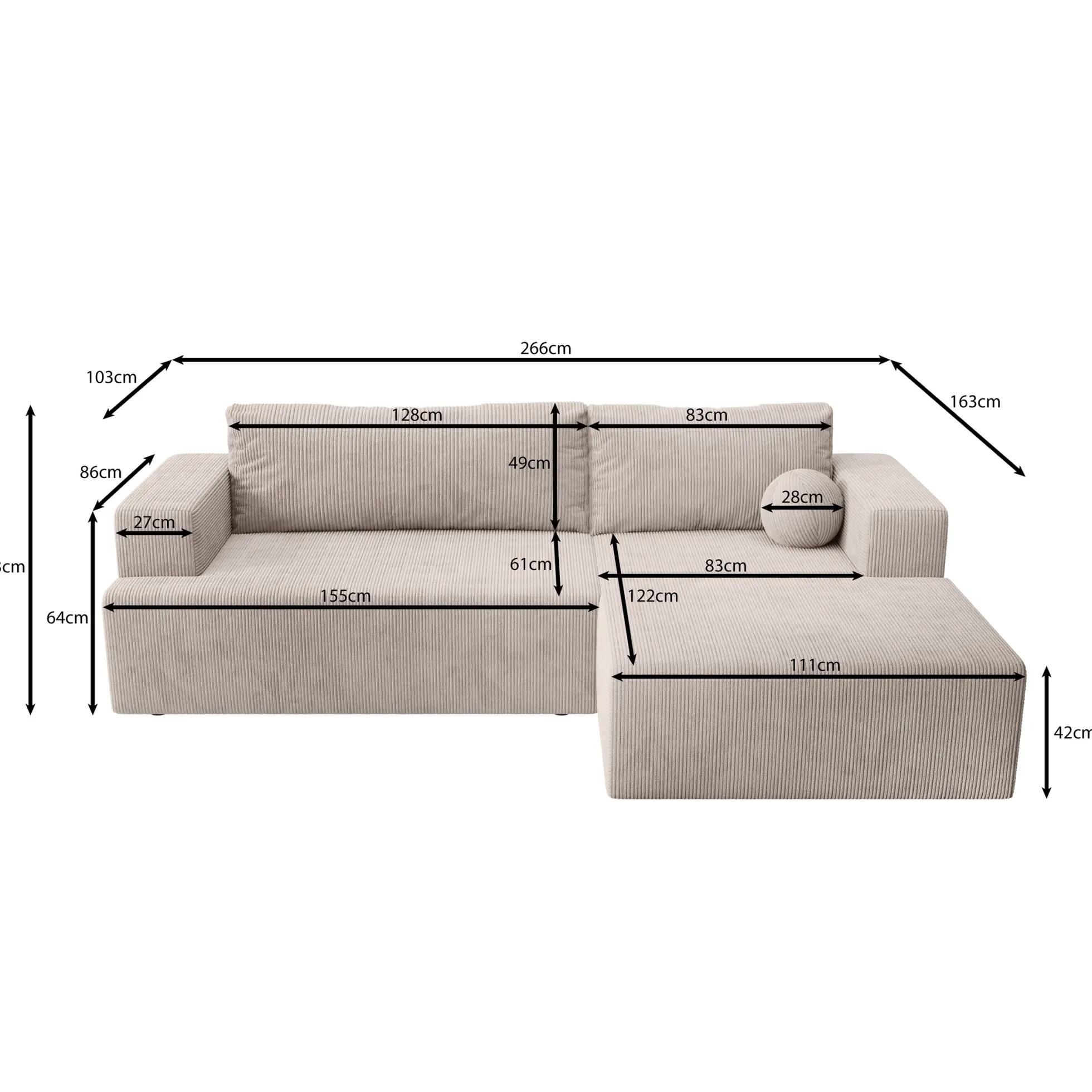 Mavana - Hoekbank 2-zits met chaise longue - Ribstof beige - Rechts
