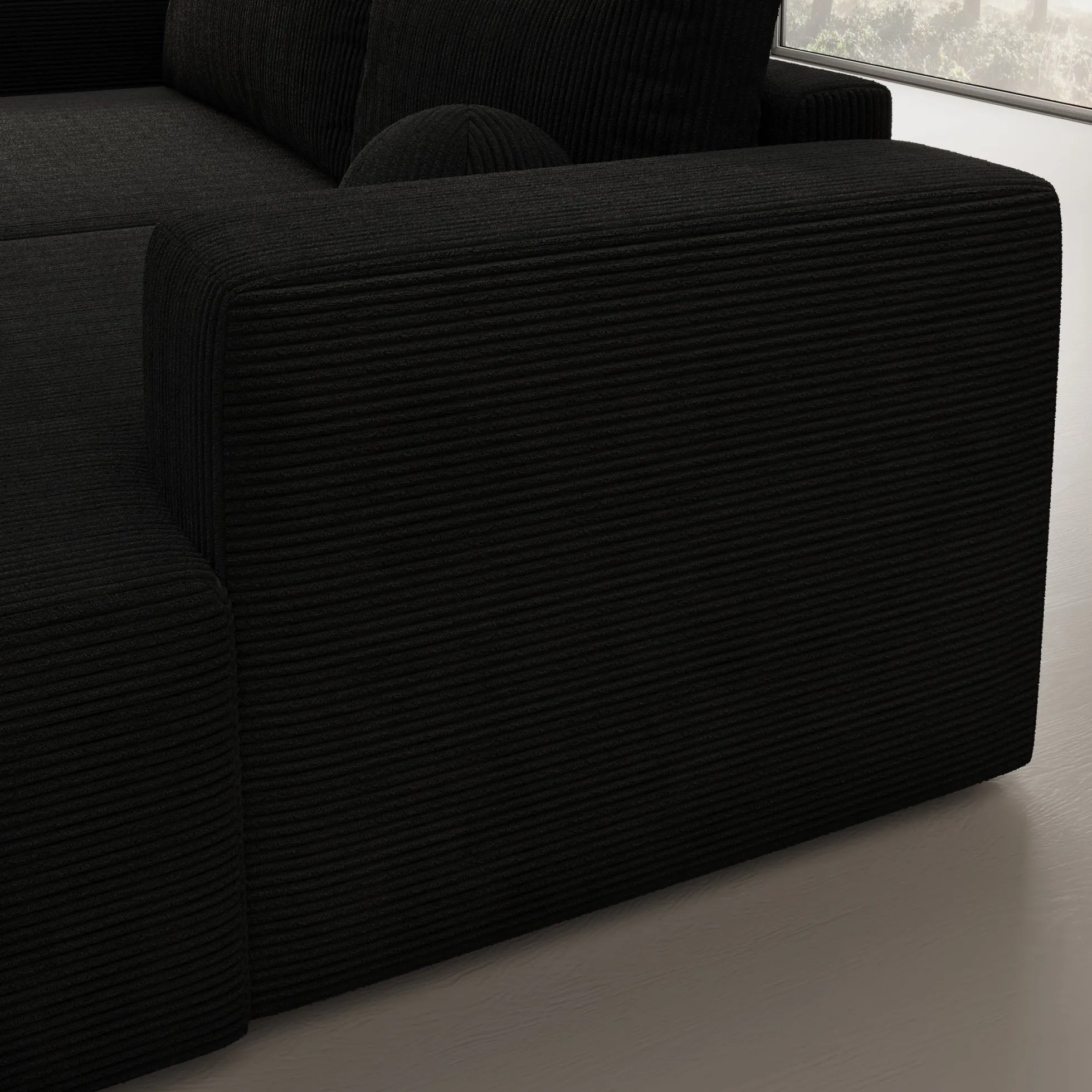 Mavana - Hoekbank 2-zits met chaise longue - Ribstof zwart - Rechts