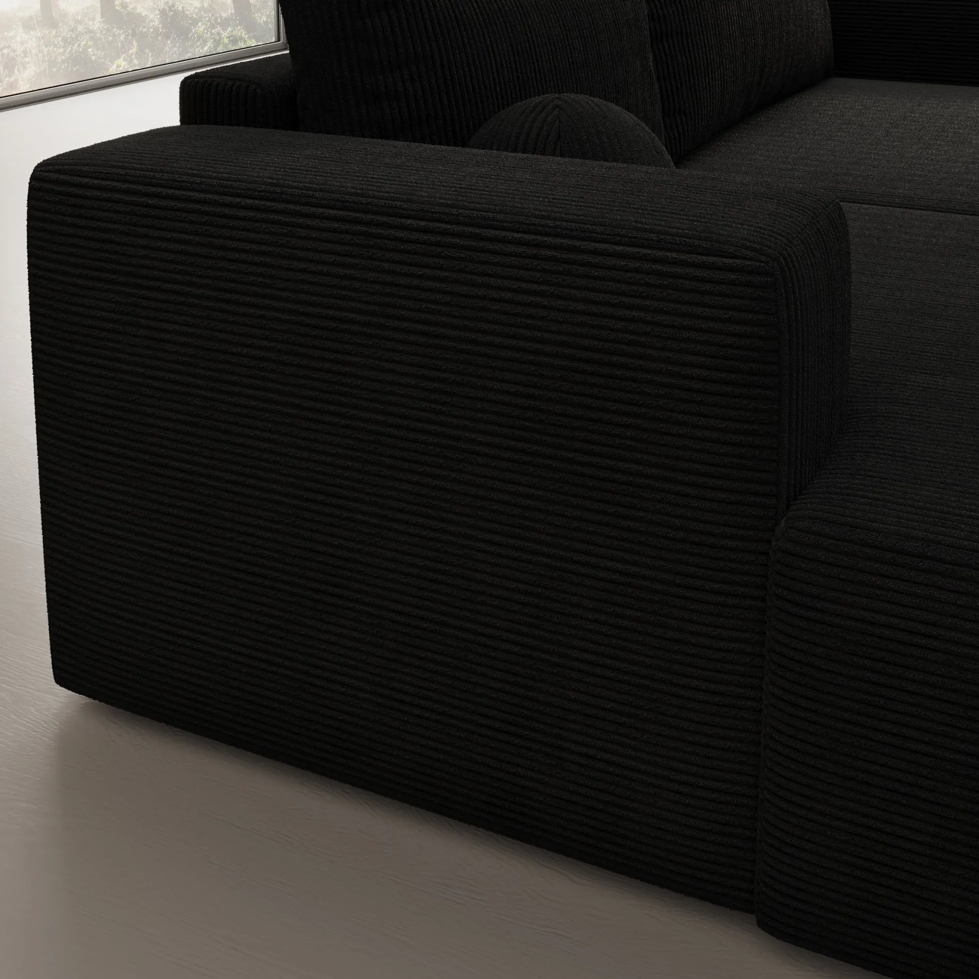 Mavana - Hoekbank 2-zits met chaise longue - Ribstof zwart - Links
