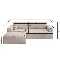 Mavana - Hoekbank 2-zits met chaise longue - Ribstof zwart - Links