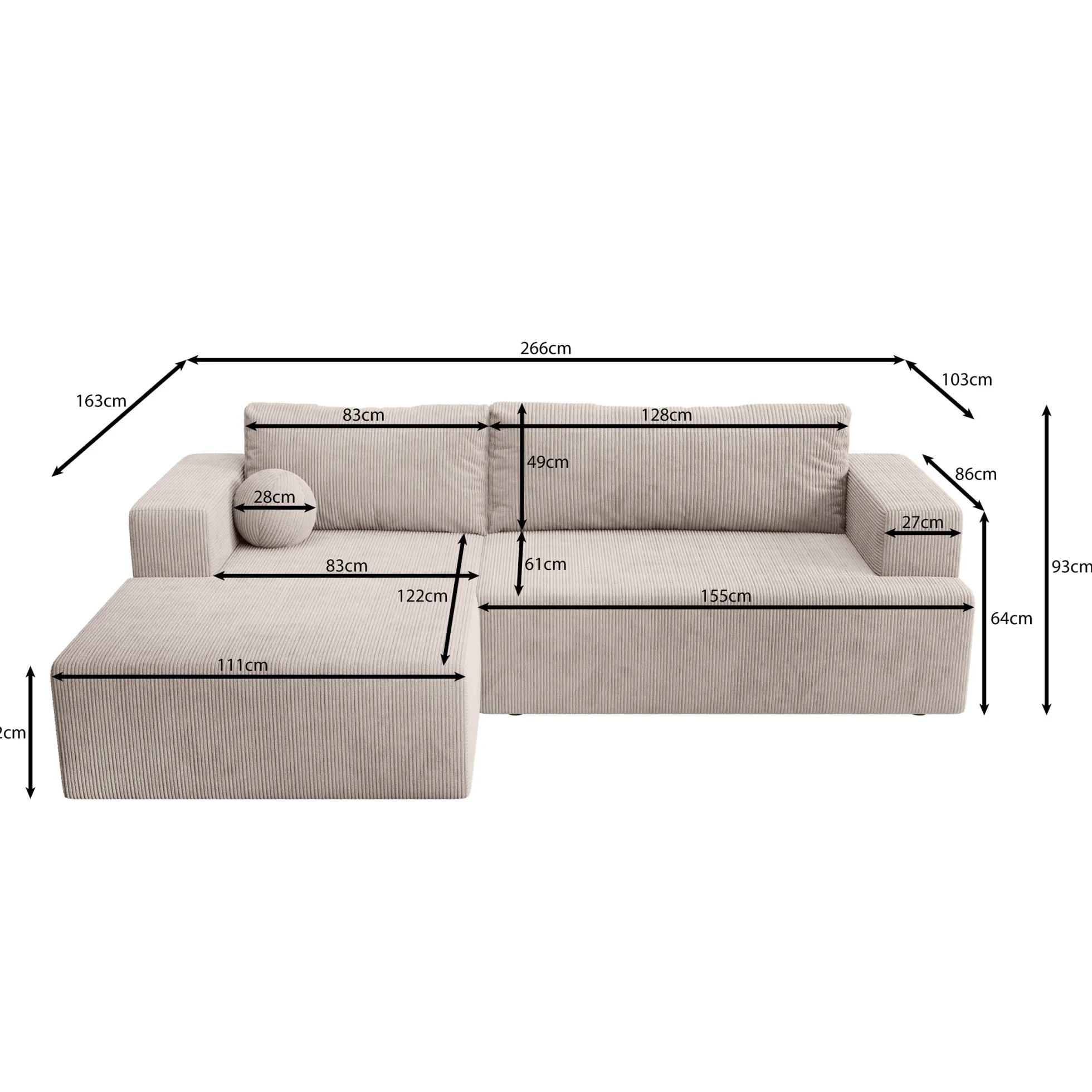 Mavana - Hoekbank 2-zits met chaise longue - Ribstof zwart - Links