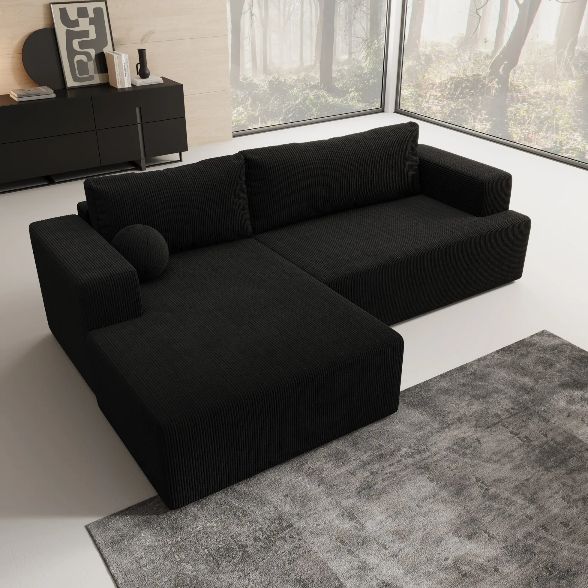 Mavana - Hoekbank 2-zits met chaise longue - Ribstof zwart - Links