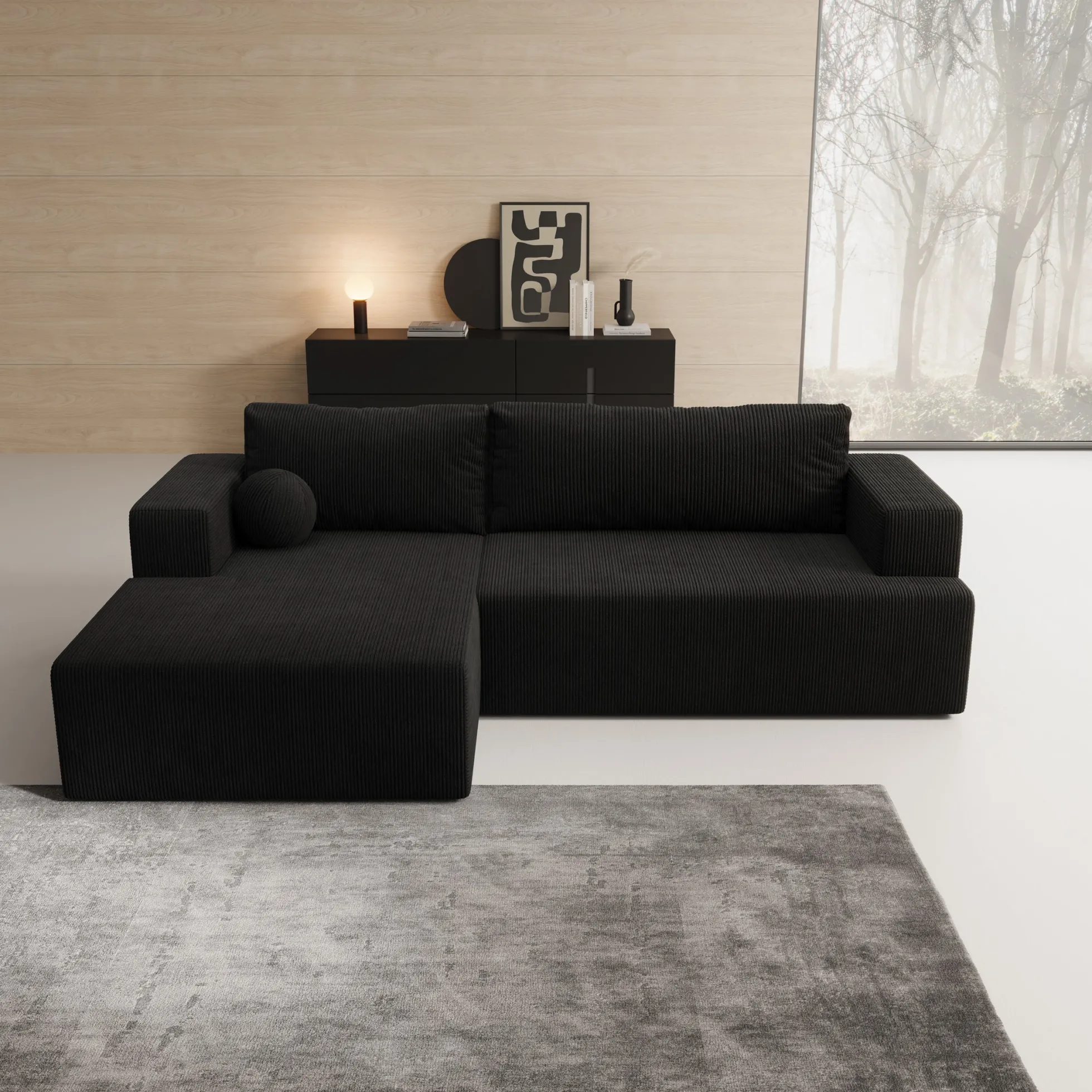 Mavana - Hoekbank 2-zits met chaise longue - Ribstof zwart - Links