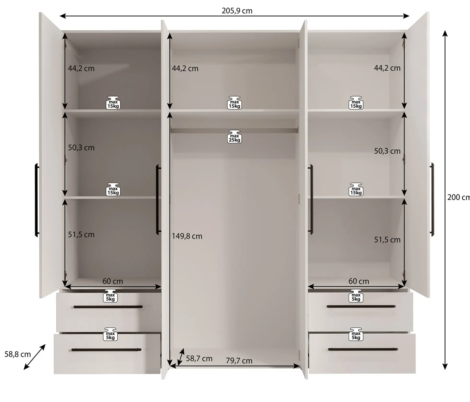 Mayen - Kledingkast 4 deuren - Zwart - 206x59x200 cm