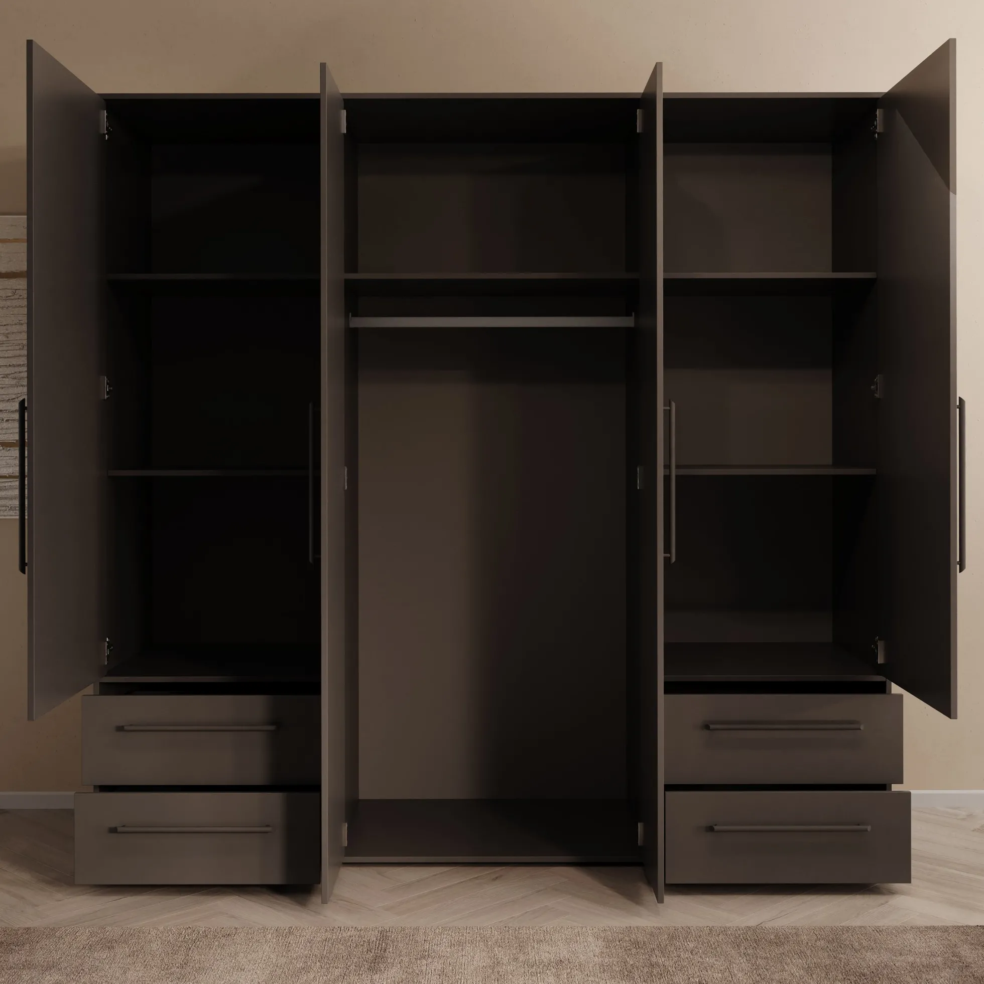 Mayen - Kledingkast 4 deuren - Zwart - 206x59x200 cm