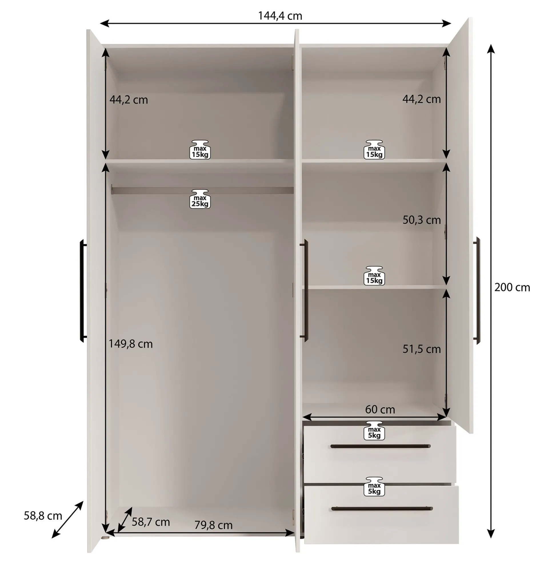 Mayen - Kledingkast 3 deuren - Wit - 145x59x200 cm