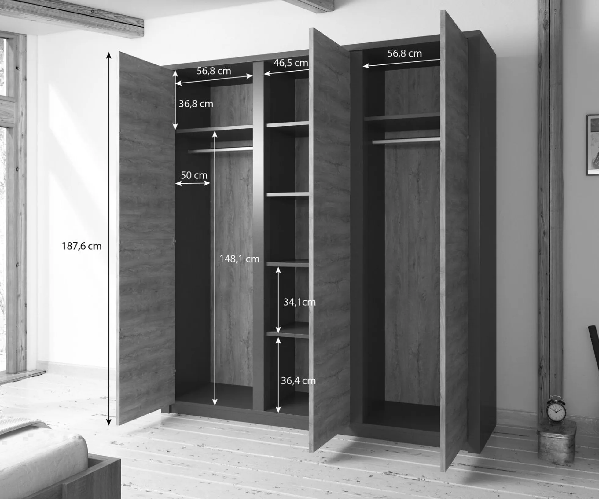 Melody - Kledingkast 3-deurs - Grijs/eiken - 166x53x197 cm