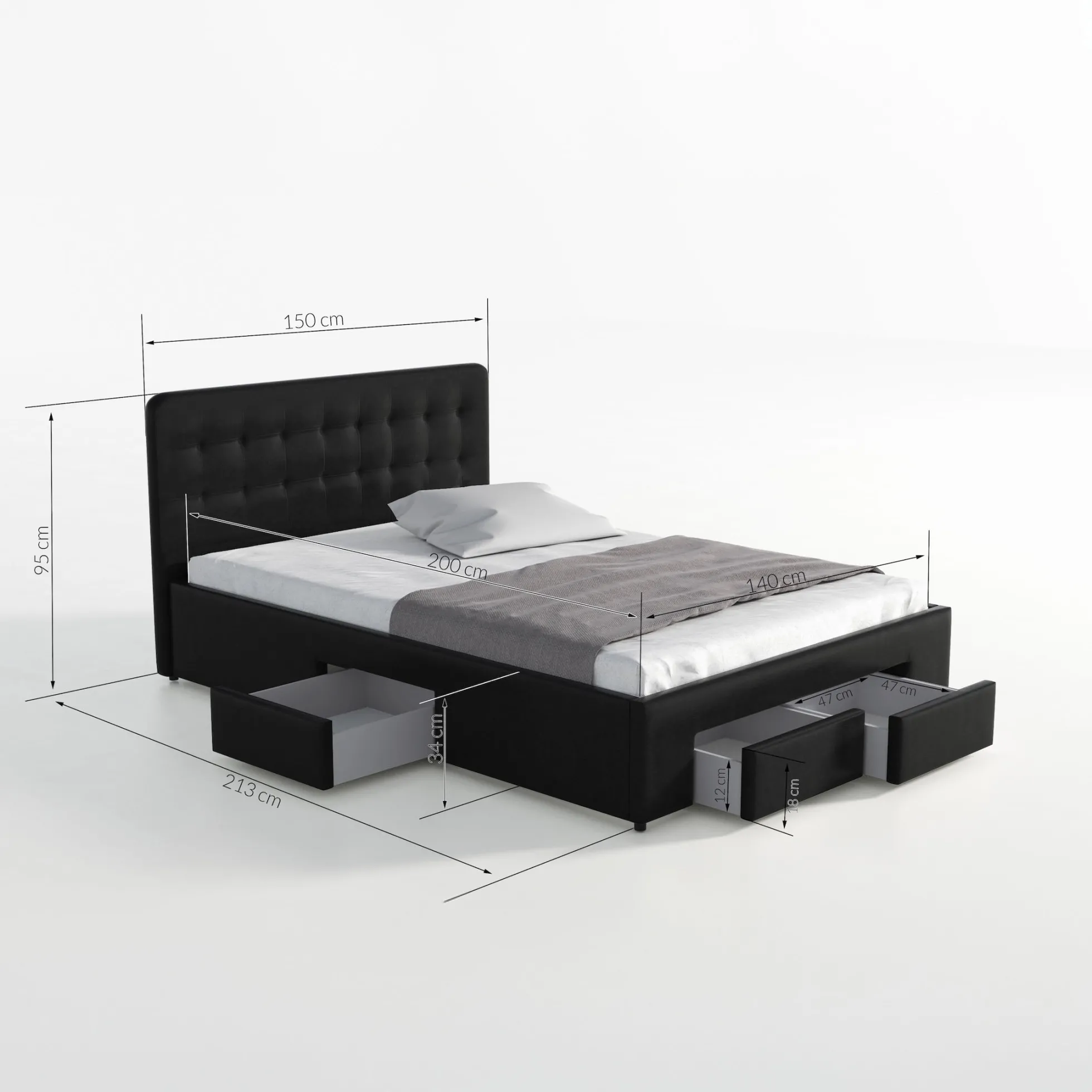 Milo - Tweepersoonsbed met lades - Zwart - 140x200 cm