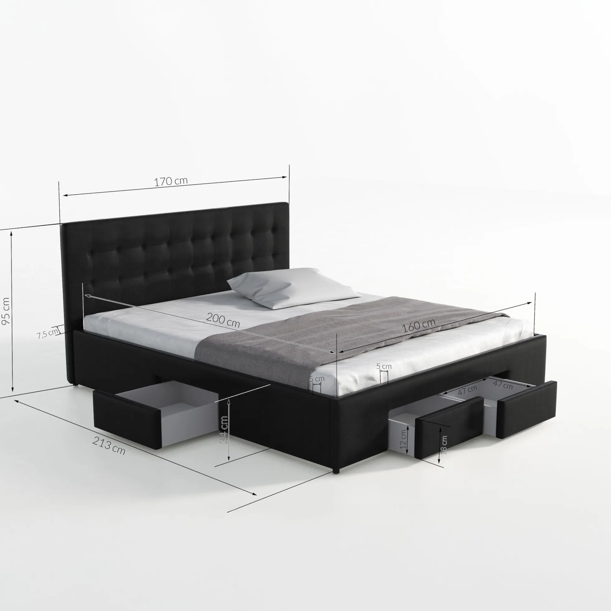 Milo - Tweepersoonsbed met lades - Zwart - 160x200 cm