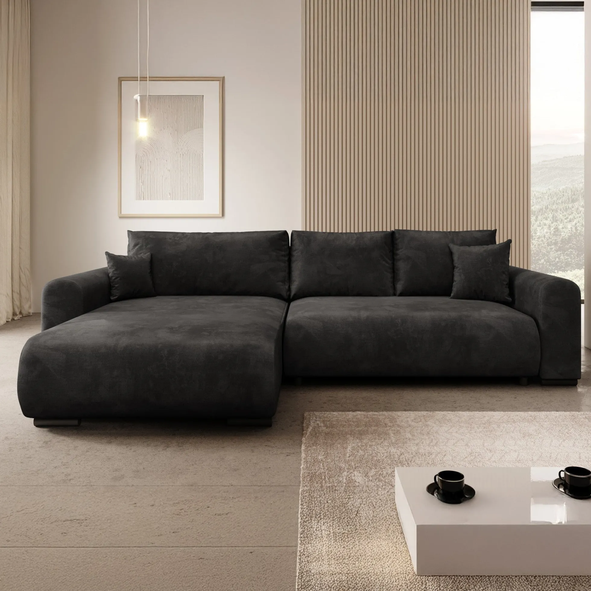 Mindin - Hoekbank 3-zits met chaise longue - Velvet zwart - Universeel