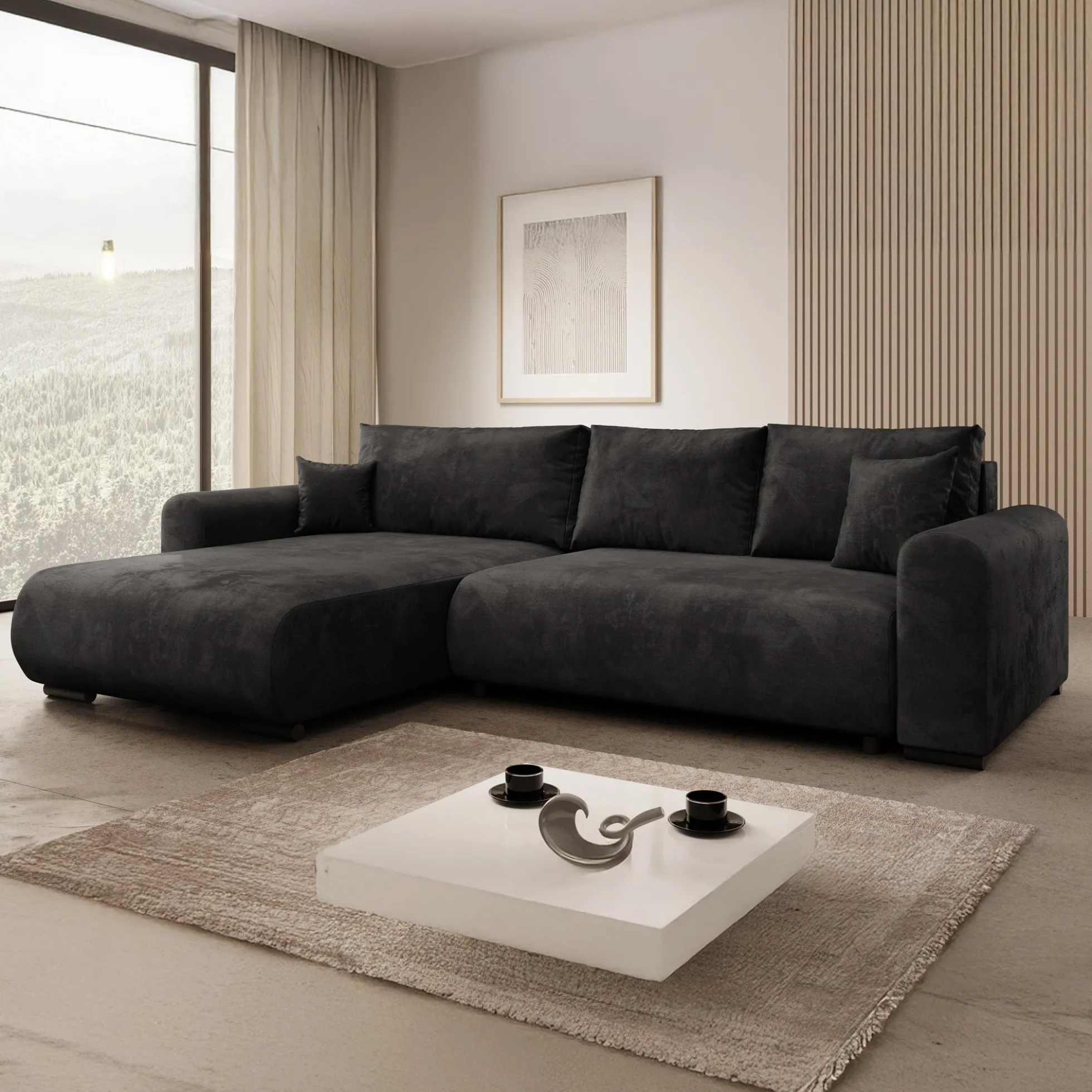 Mindin - Hoekbank 3-zits met chaise longue - Velvet zwart - Universeel