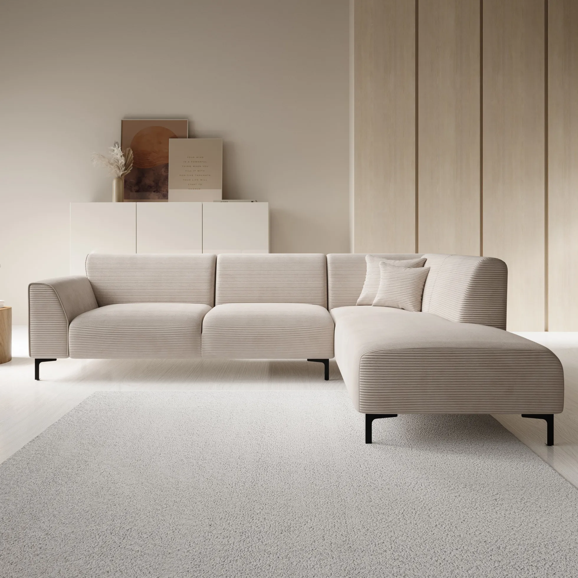 Moana - Hoekbank 4-zits met chaise longue - Ribstof beige - Rechts