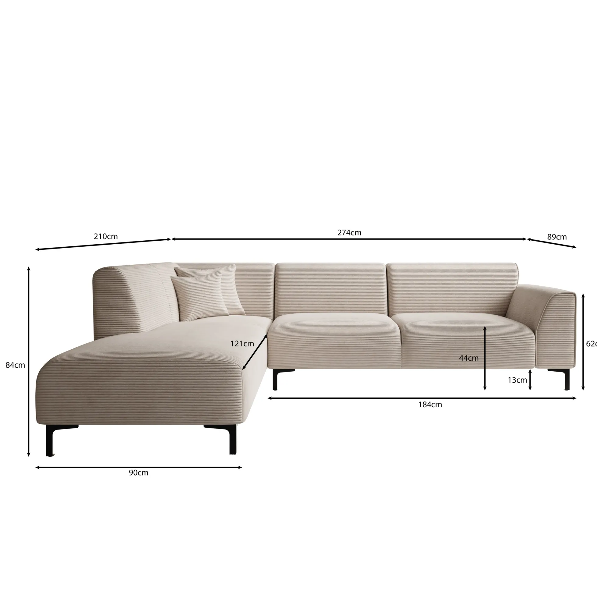 Moana - Hoekbank 4-zits met chaise longue - Ribstof beige - Links