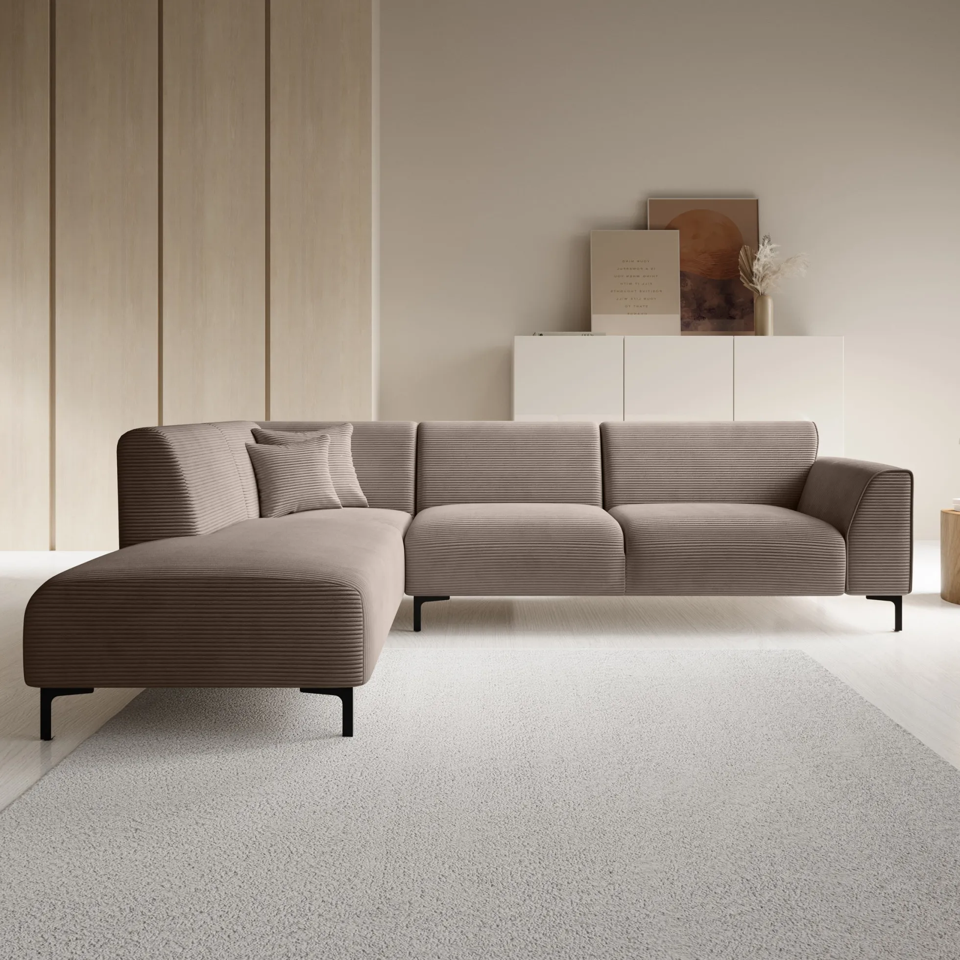 Moana - Hoekbank 4-zits met chaise longue - Ribstof bruin - Links