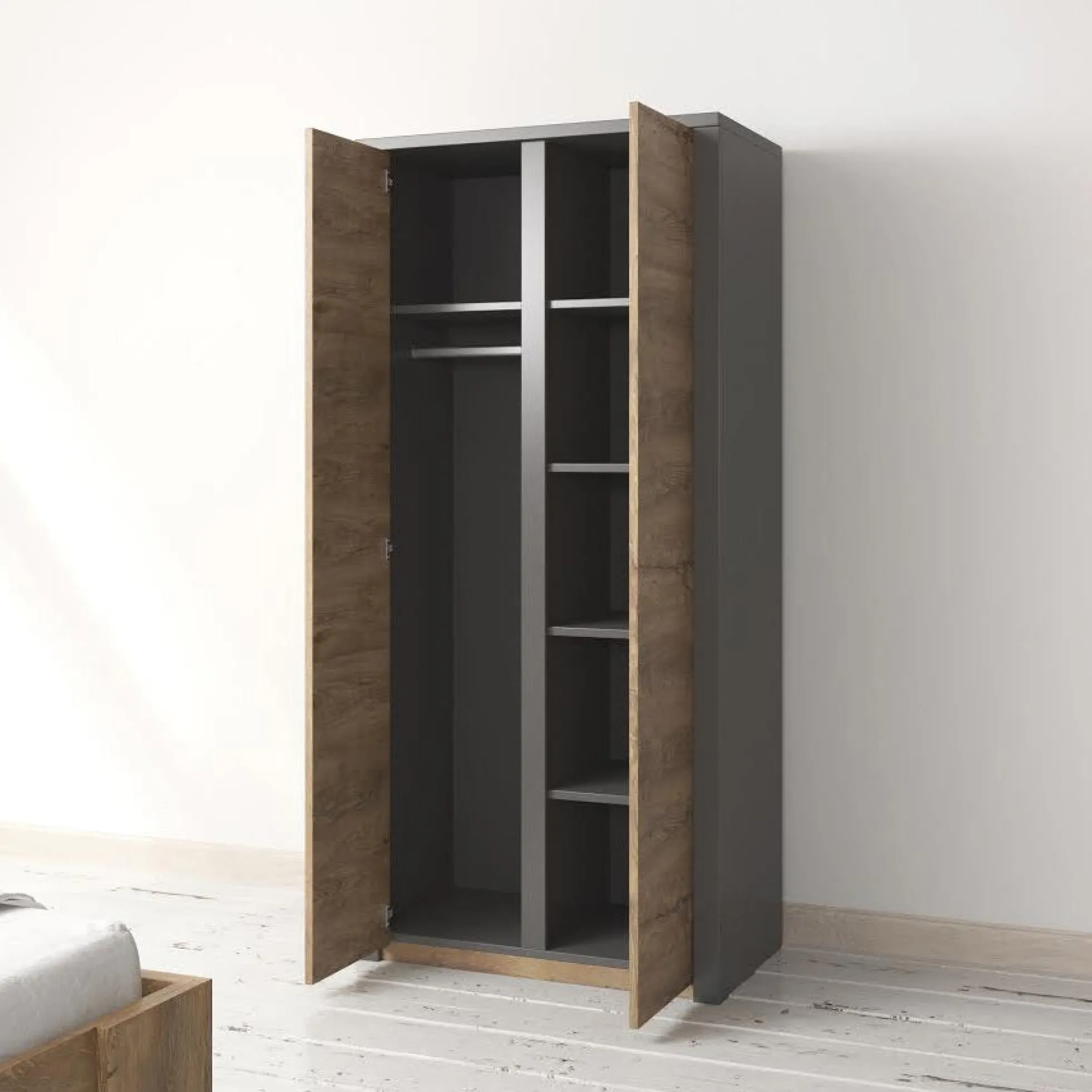 Monaco - Kledingkast 2-deurs - Eiken/grijs - 90x53x197 cm