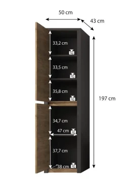 Monaco - Opbergkast met 2 deuren - Eiken/grijs - 50x43x197 cm