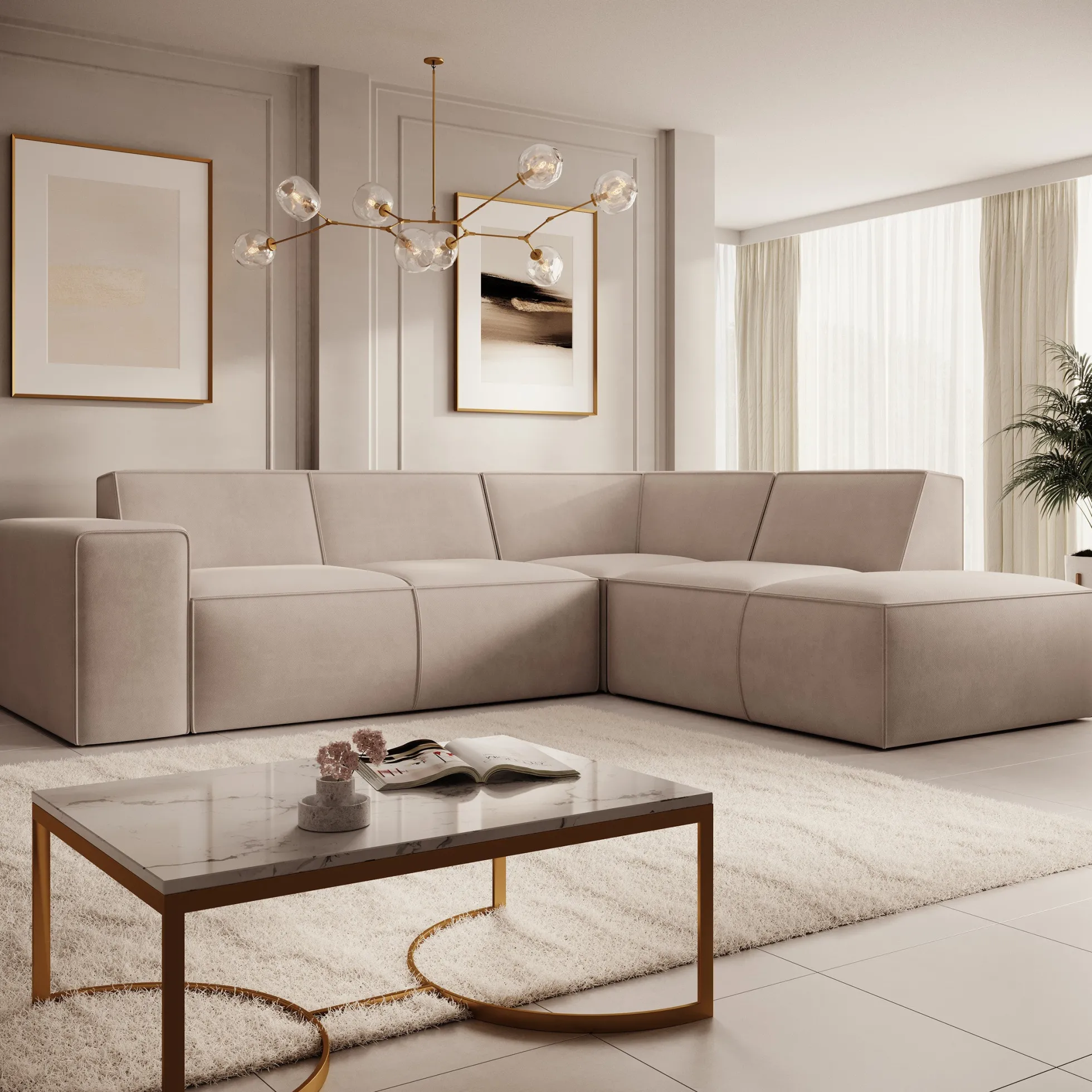 Monet - Hoekbank 4-zits met chaise longue - Stof beige - Rechts - 261x