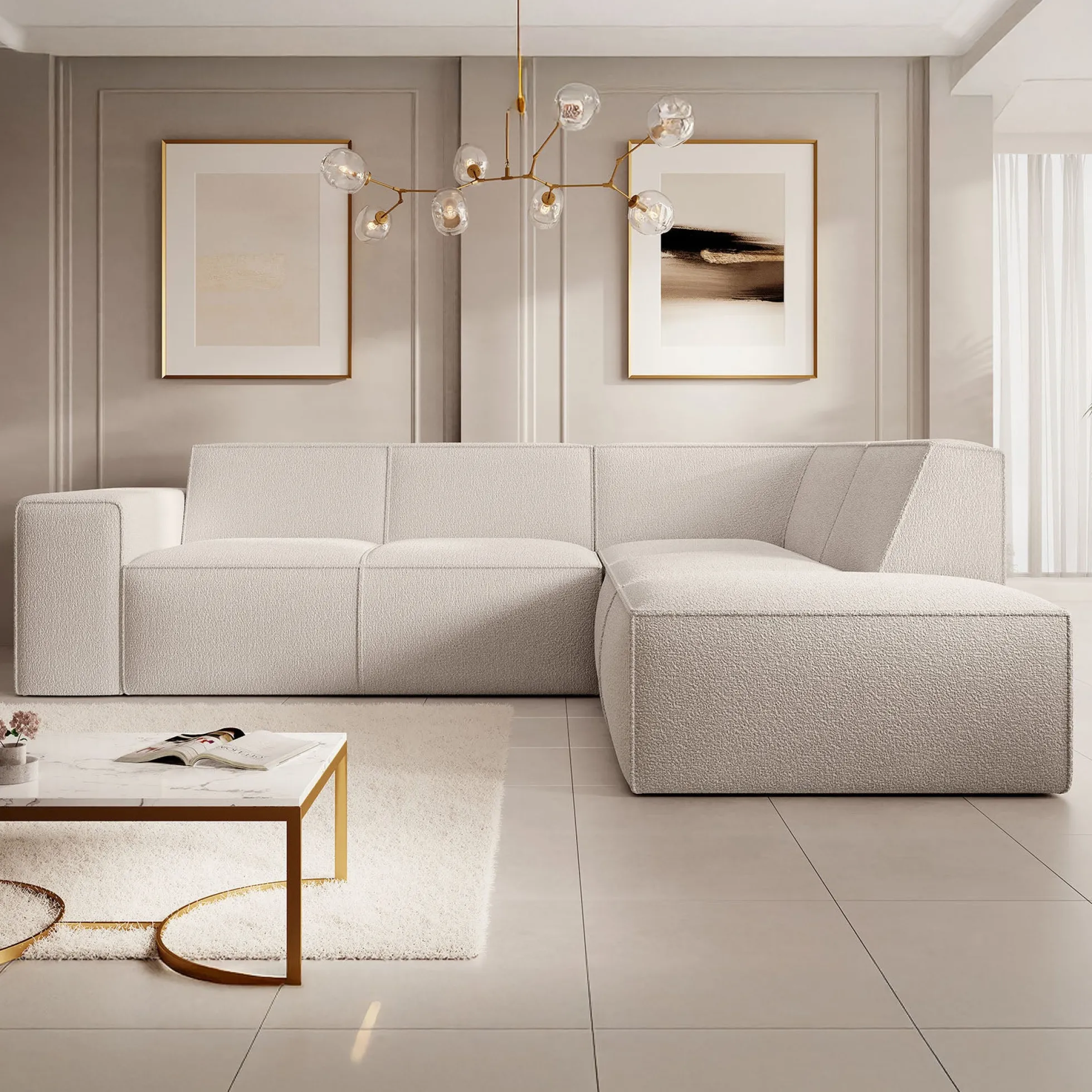 Monet - Hoekbank 4-zits met chaise longue - Teddystof beige - Rechts