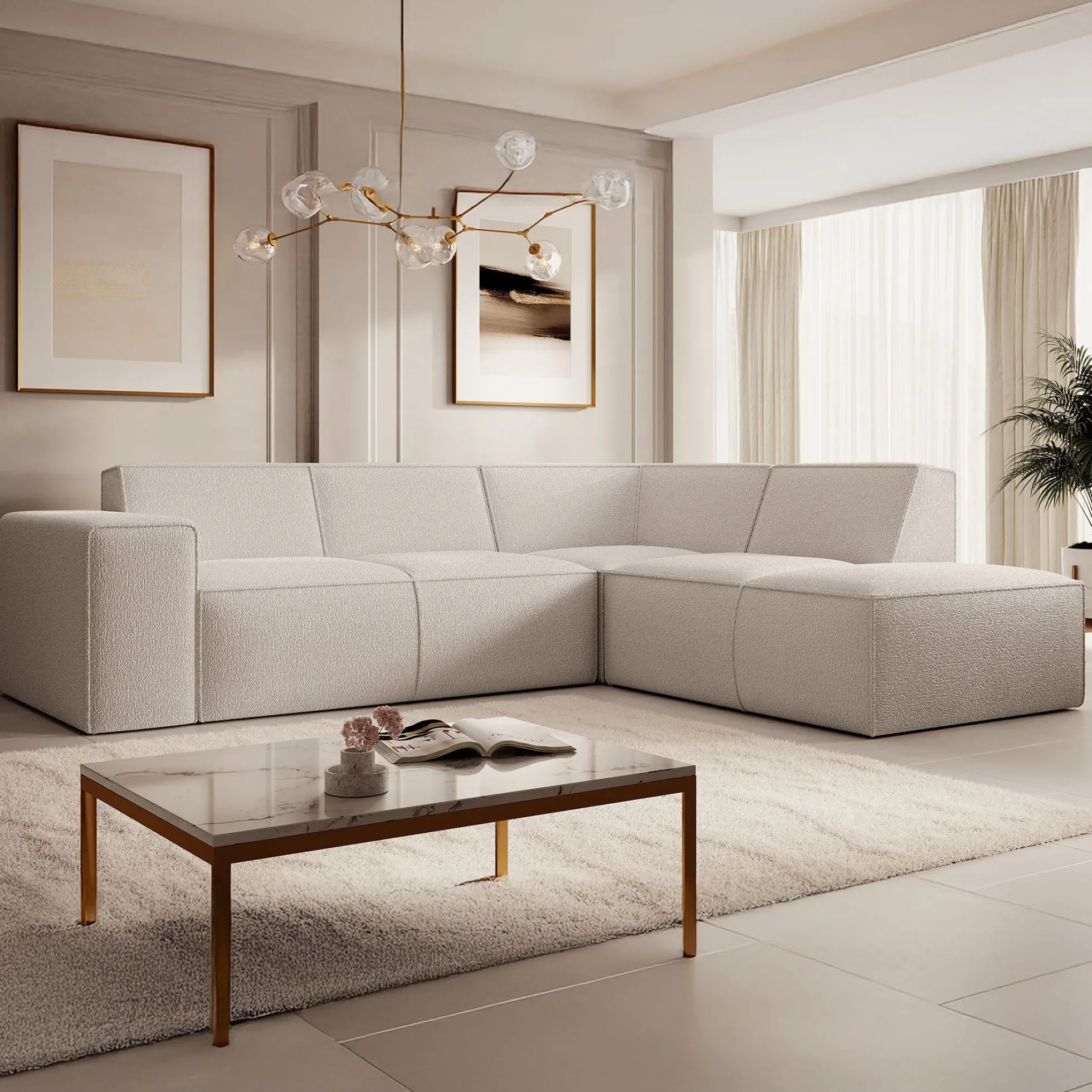 Monet - Hoekbank 4-zits met chaise longue - Teddystof beige - Rechts