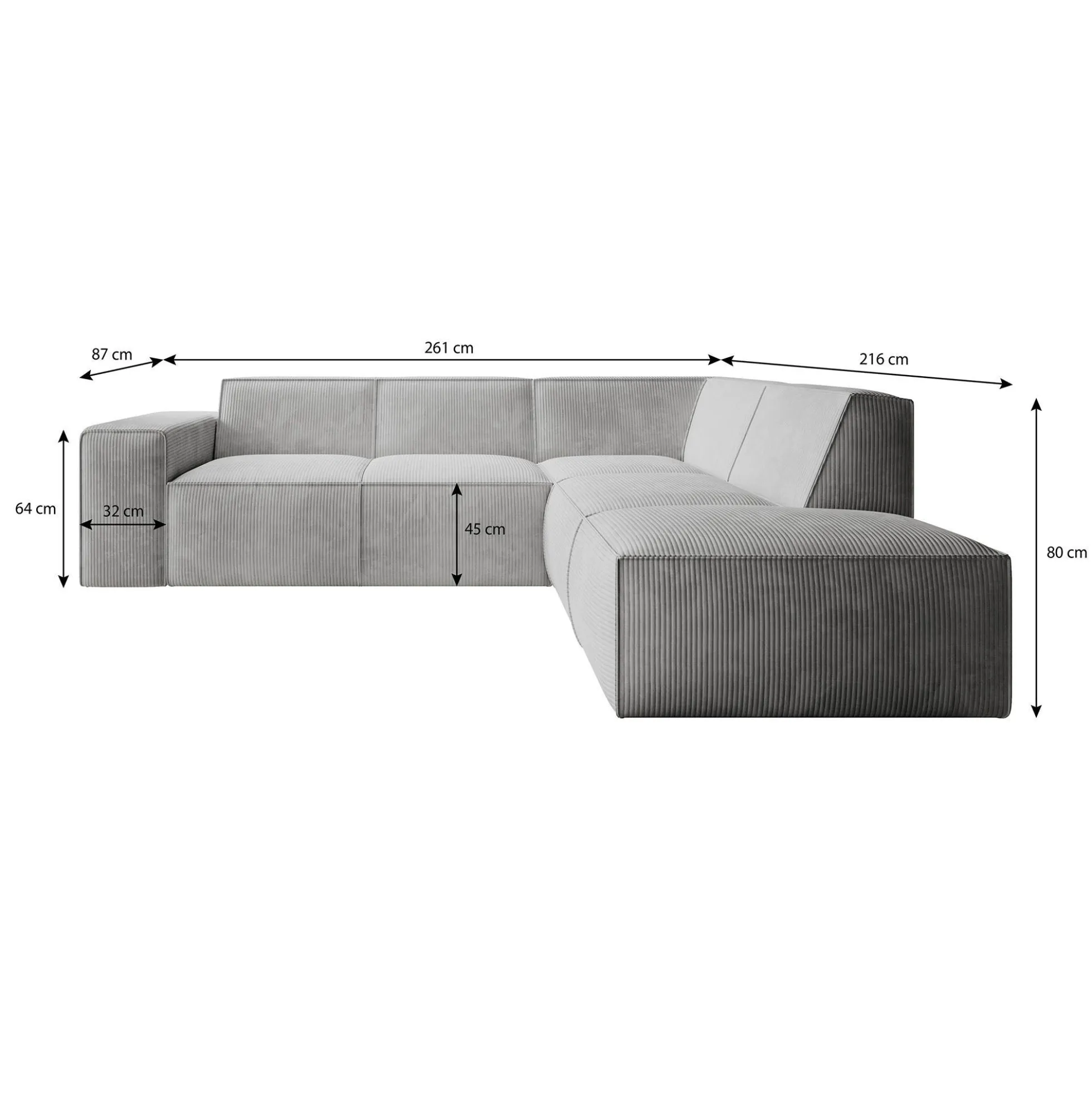 Monet - Hoekbank 4-zits met chaise longue - Ribstof grijs - Rechts