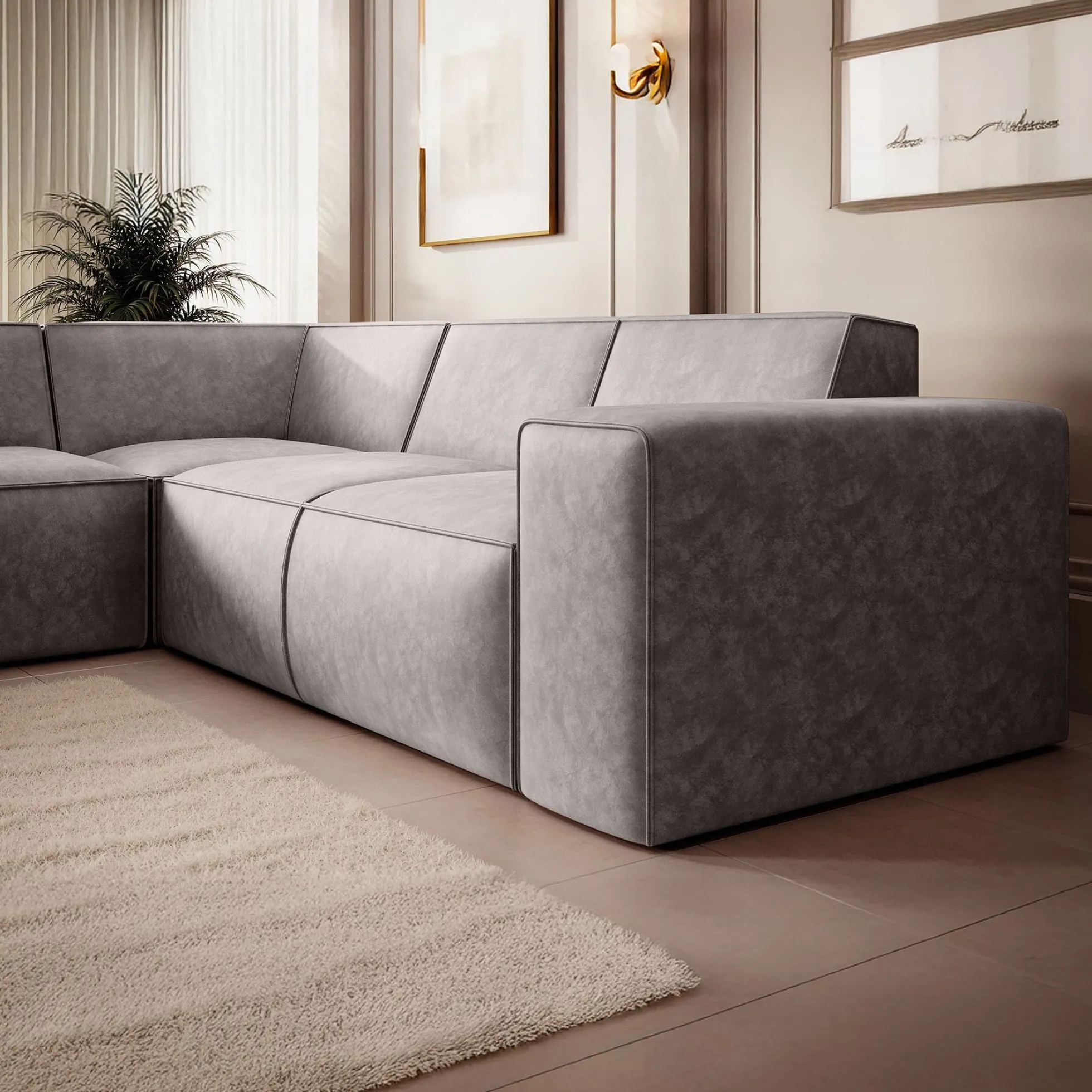 Monet - Hoekbank 4-zits met chaise longue - Kunstleer beige - Links