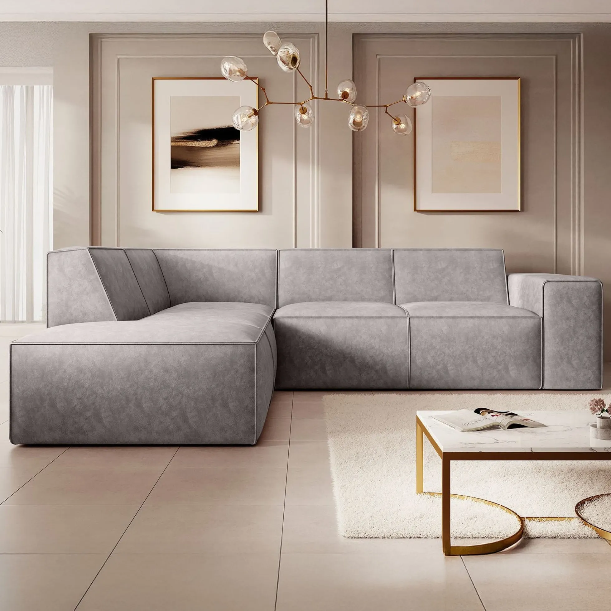 Monet - Hoekbank 4-zits met chaise longue - Kunstleer beige - Links
