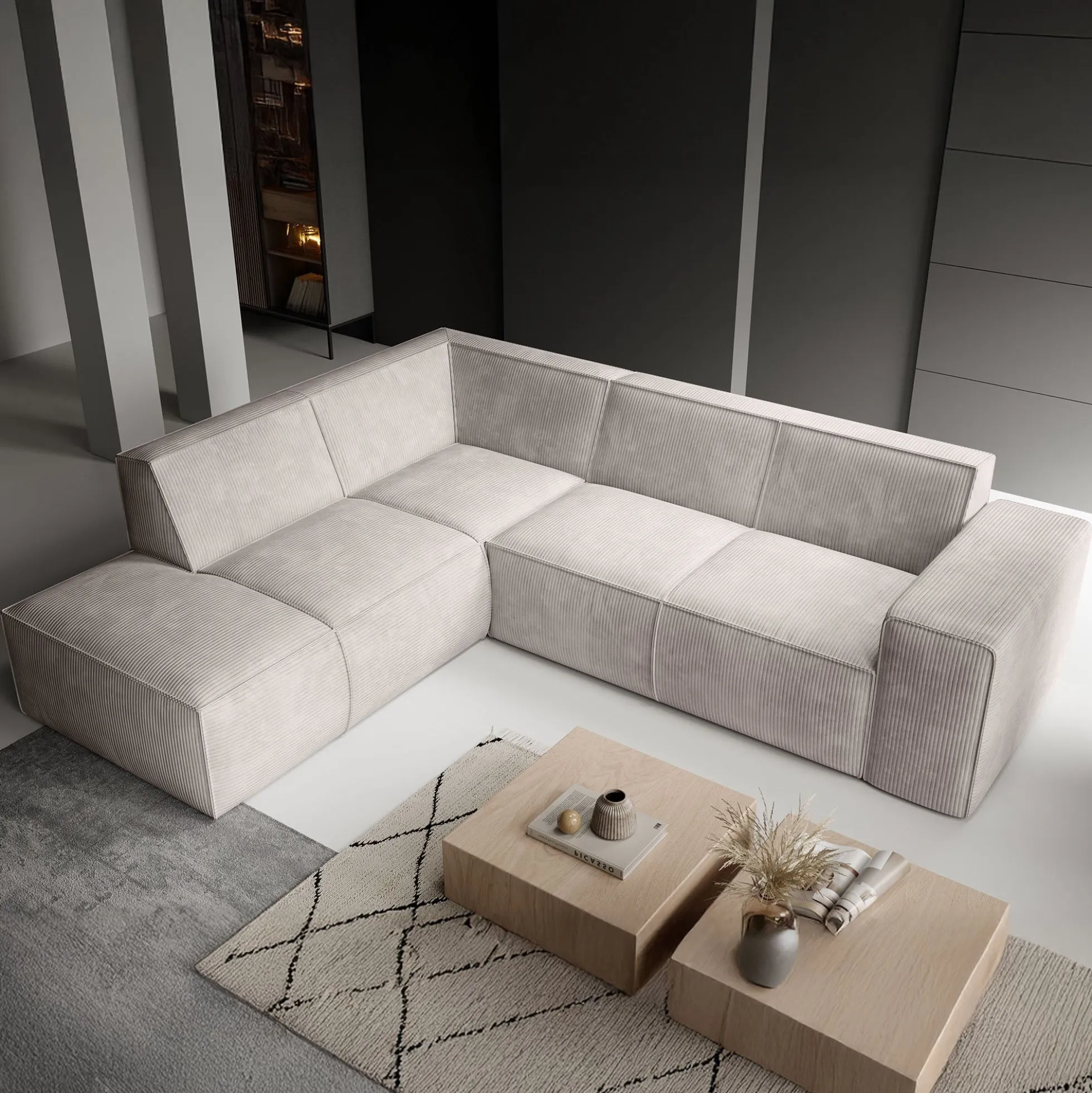 Monet - Hoekbank 4-zits met chaise longue - Ribstof beige - Links