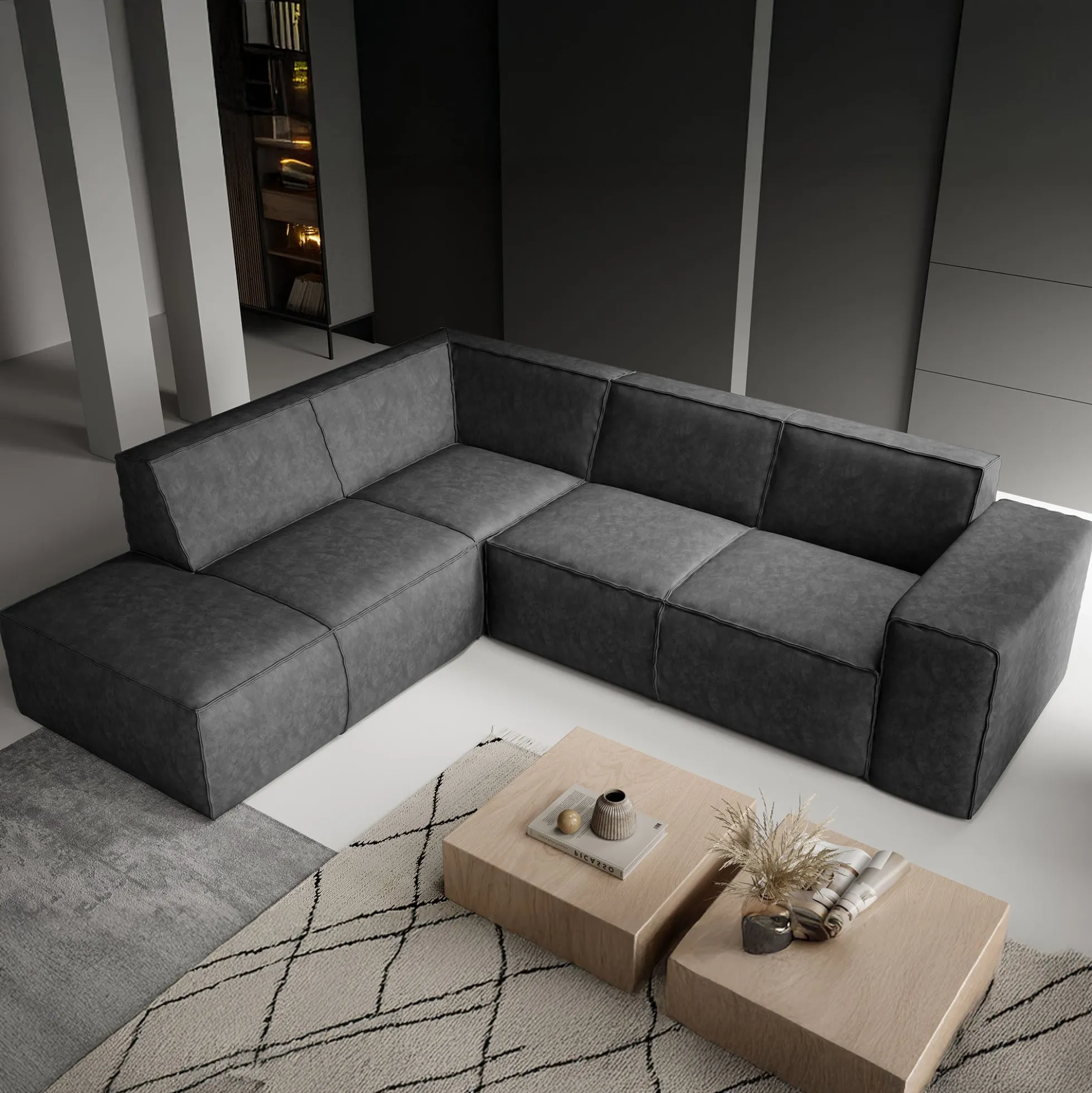 Monet - Hoekbank 4-zits met chaise longue - Kunstleer zwart - Links