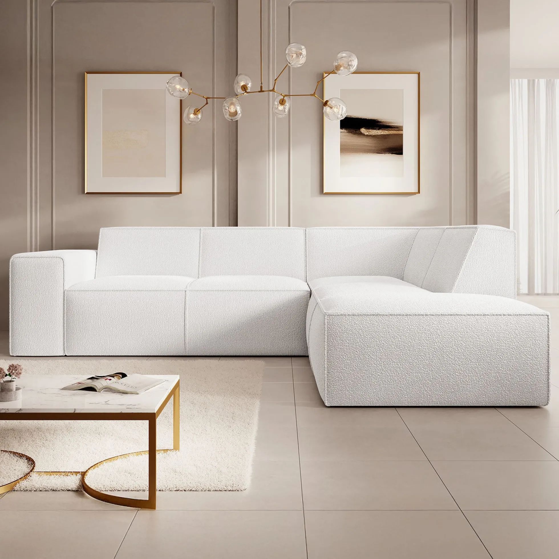 Monet - Hoekbank 4-zits met chaise longue - Teddystof wit - Rechts