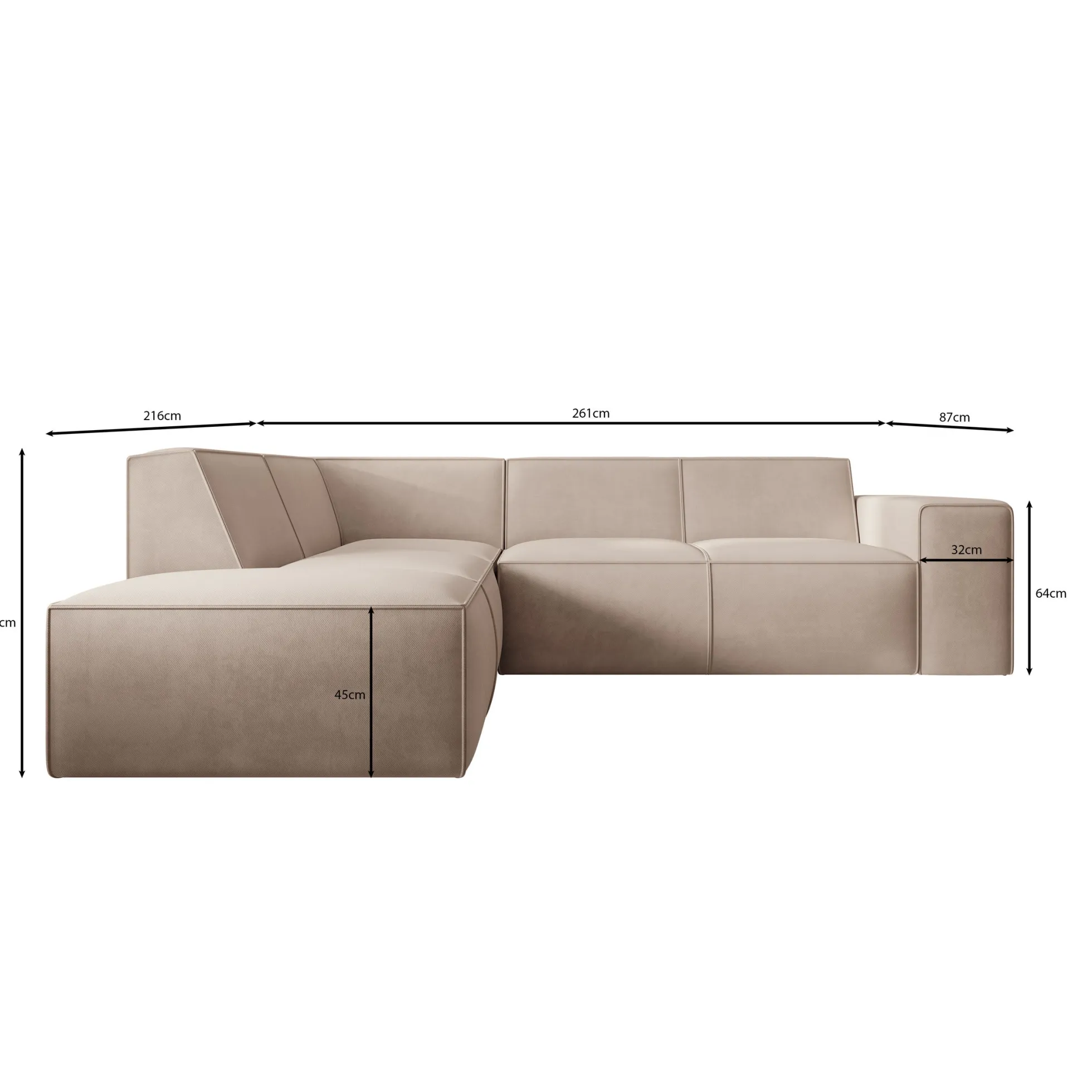 Monet - Hoekbank 4-zits met chaise longue - Stof beige - Links - 261x2