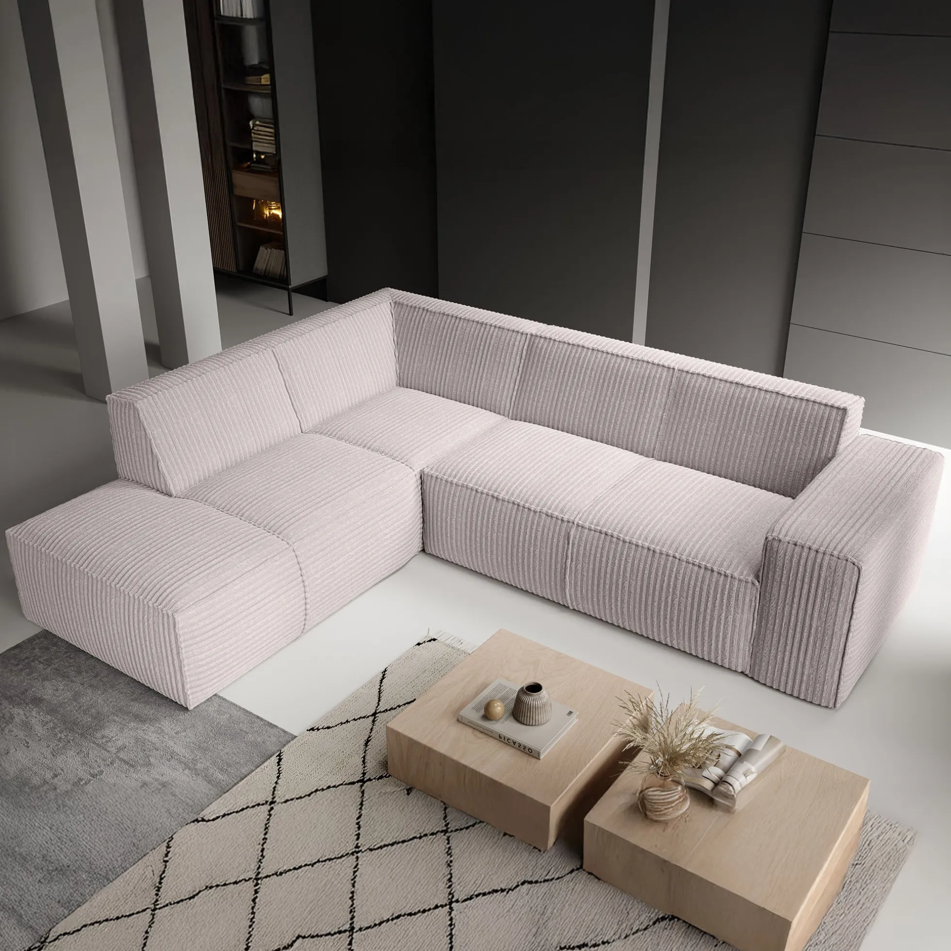 Monet - Hoekbank 4-zits met chaise longue - Fluffy ribstof beige - Lin
