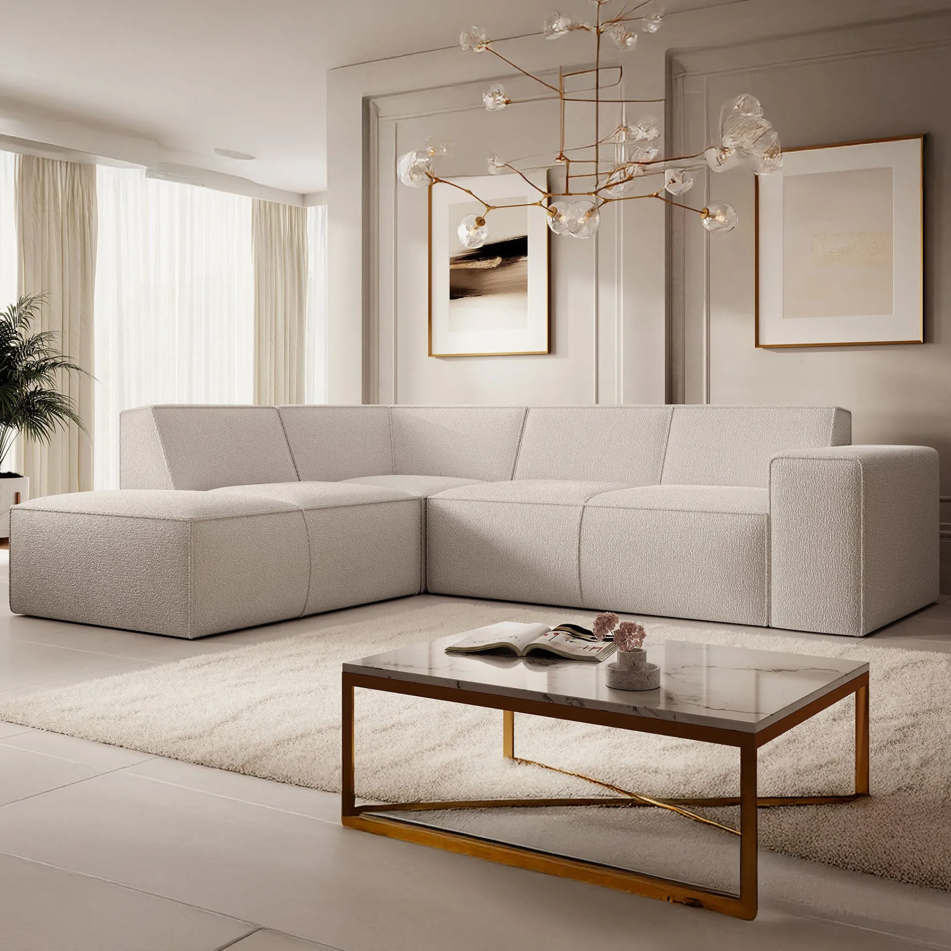 Monet - Hoekbank 4-zits met chaise longue - Teddystof beige - Links