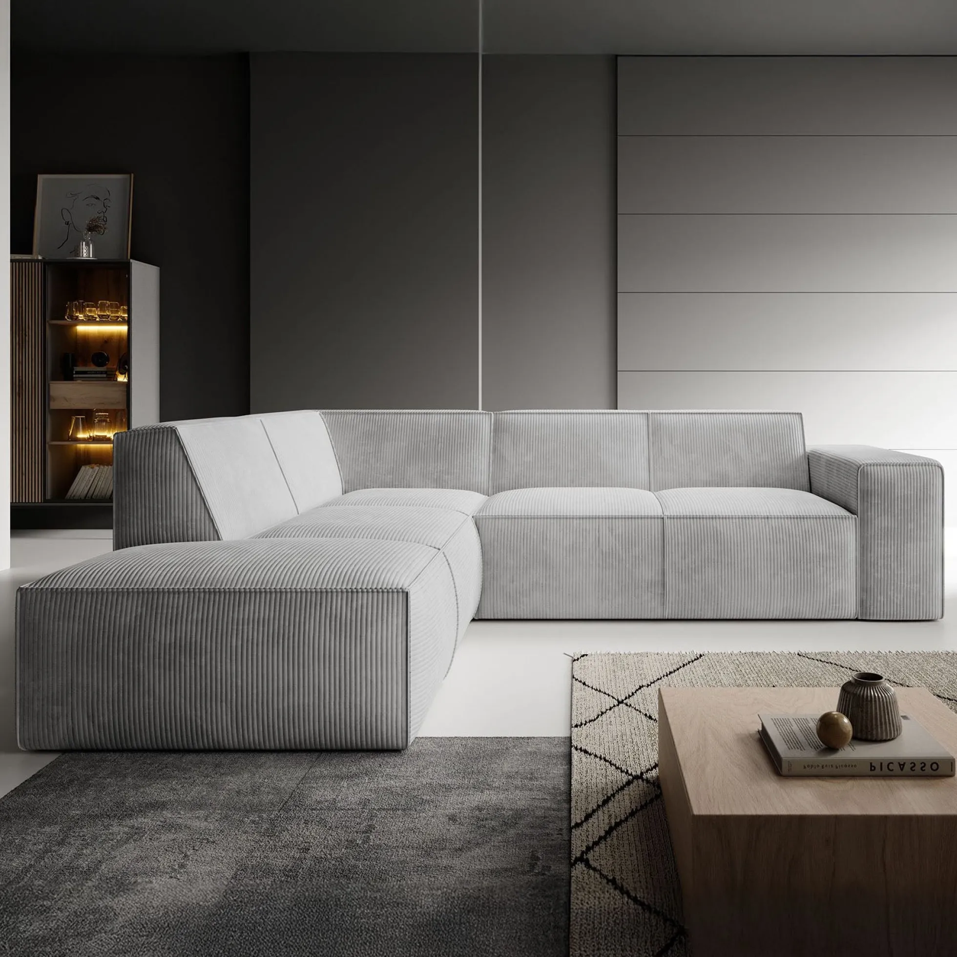 Monet - Hoekbank 4-zits met chaise longue - Ribstof grijs - Links