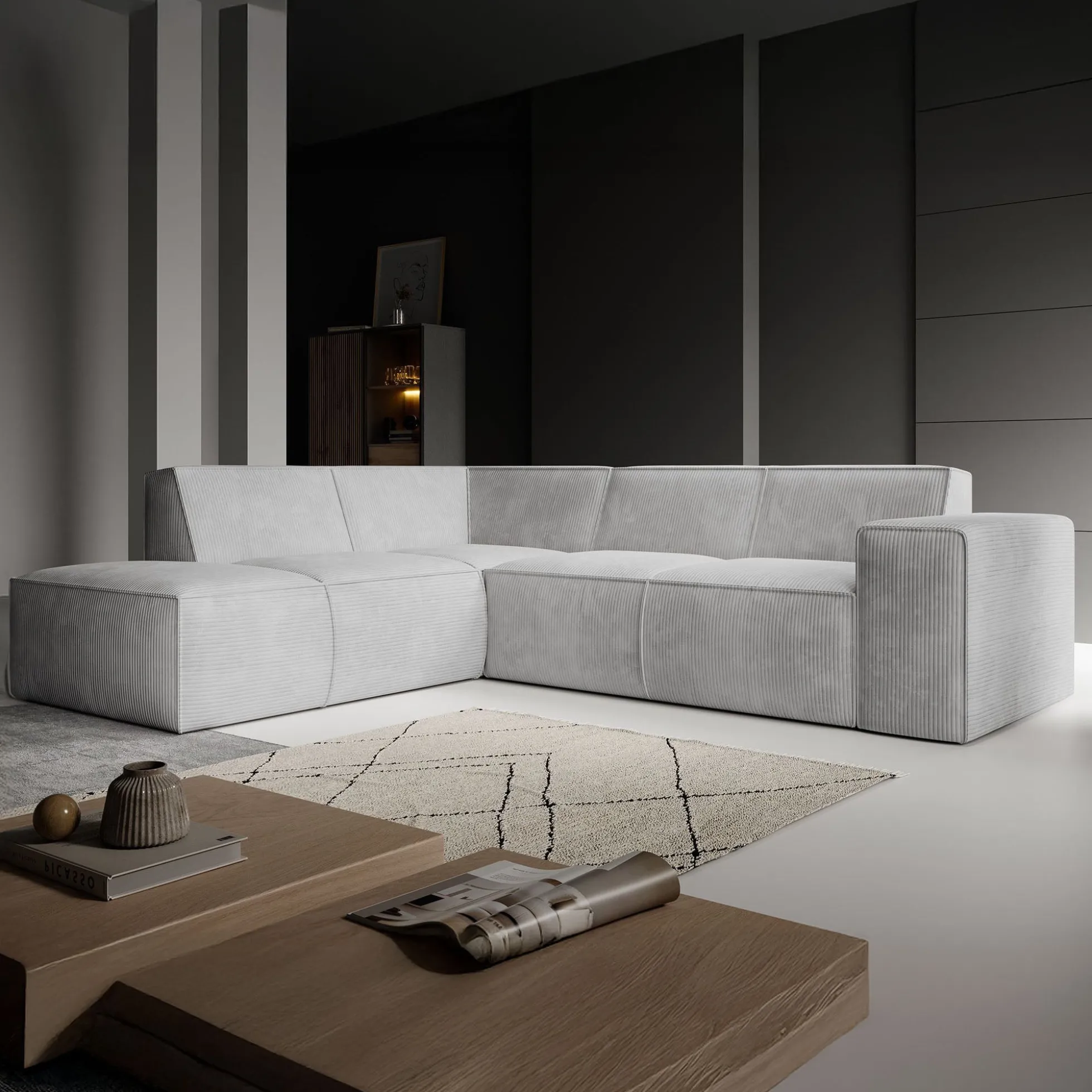 Monet - Hoekbank 4-zits met chaise longue - Ribstof grijs - Links