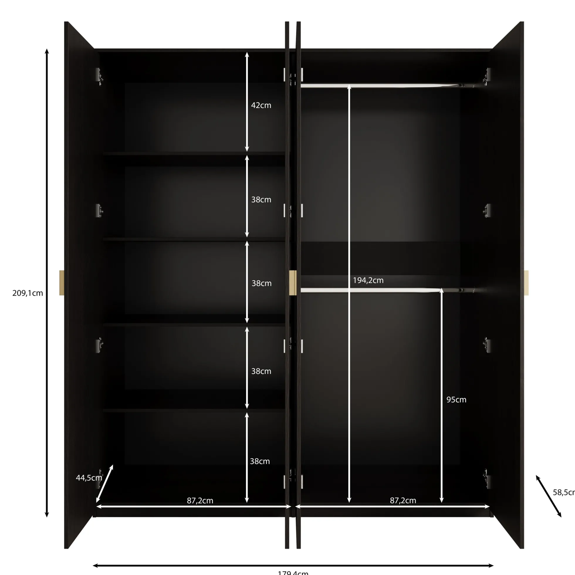 Monor - Kledingkast 4-deurs - Zwart - 179x59x209 cm