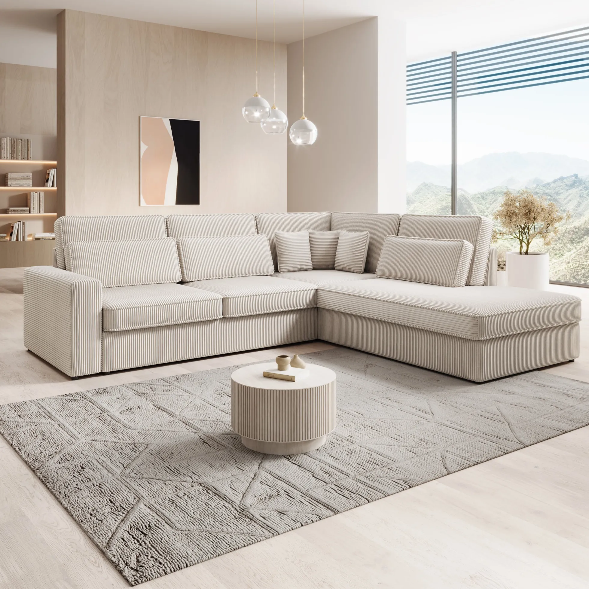 Montore - Hoekbank 5-zits met chaise longue - Ribstof beige - Rechts