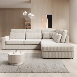 Montore - Hoekbank 5-zits met chaise longue - Ribstof beige - Rechts