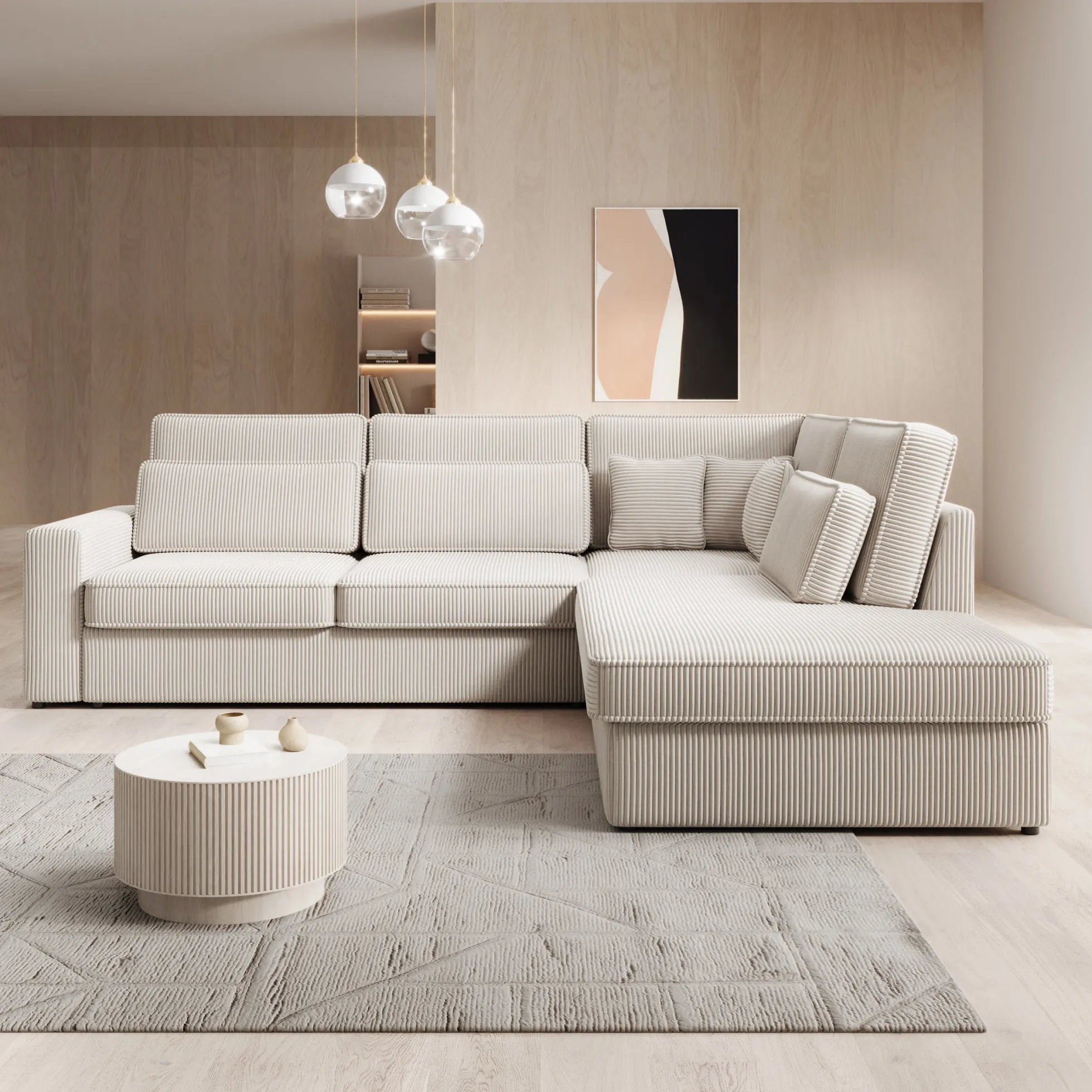 Montore - Hoekbank 5-zits met chaise longue - Ribstof beige - Rechts
