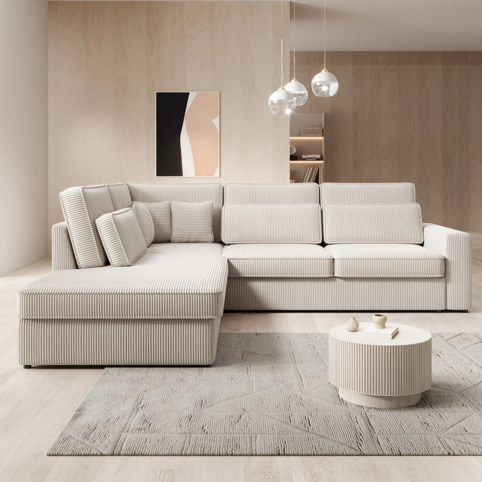 Montore - Hoekbank 5-zits met chaise longue - Ribstof beige - Links