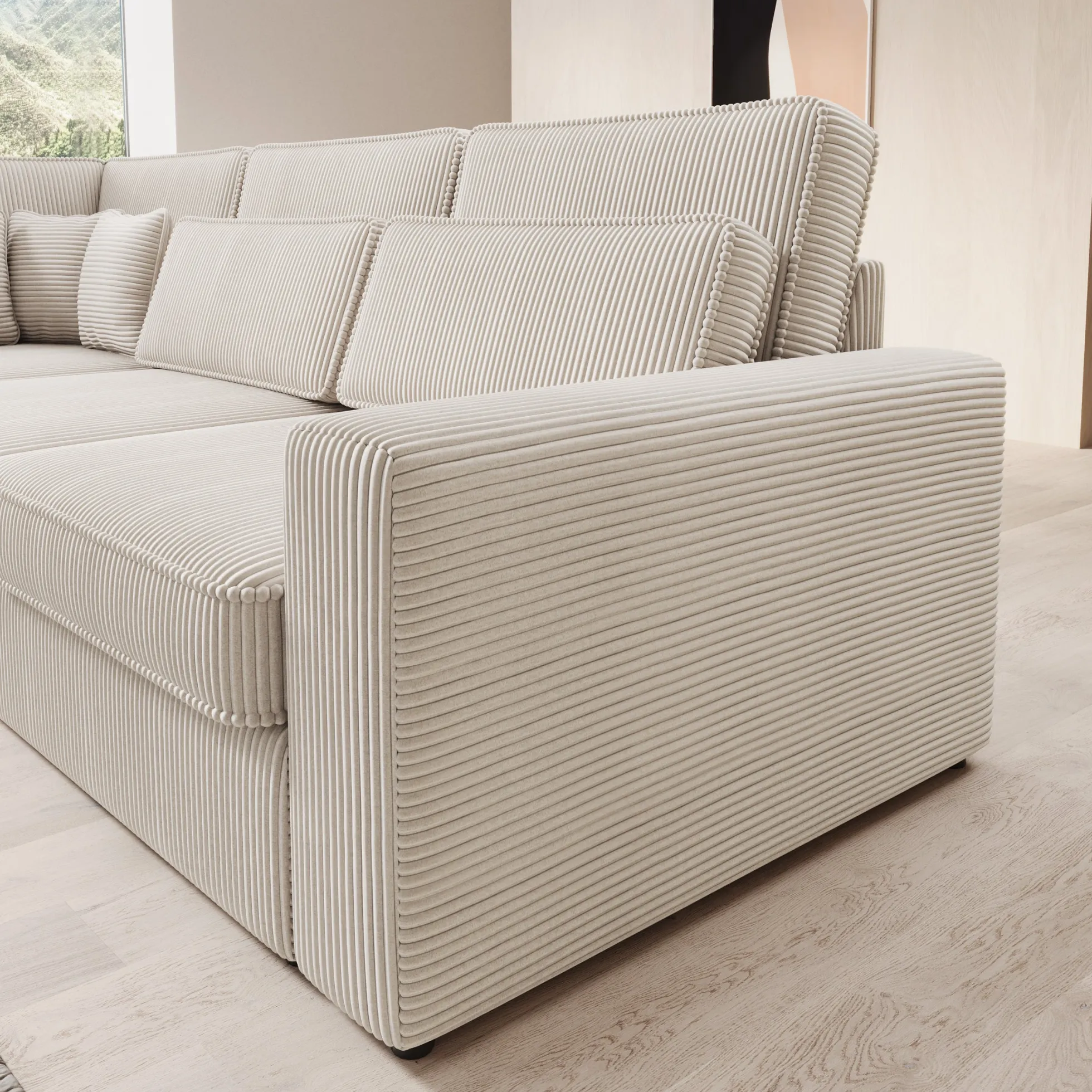 Montore - Hoekbank 5-zits met chaise longue - Ribstof beige - Links