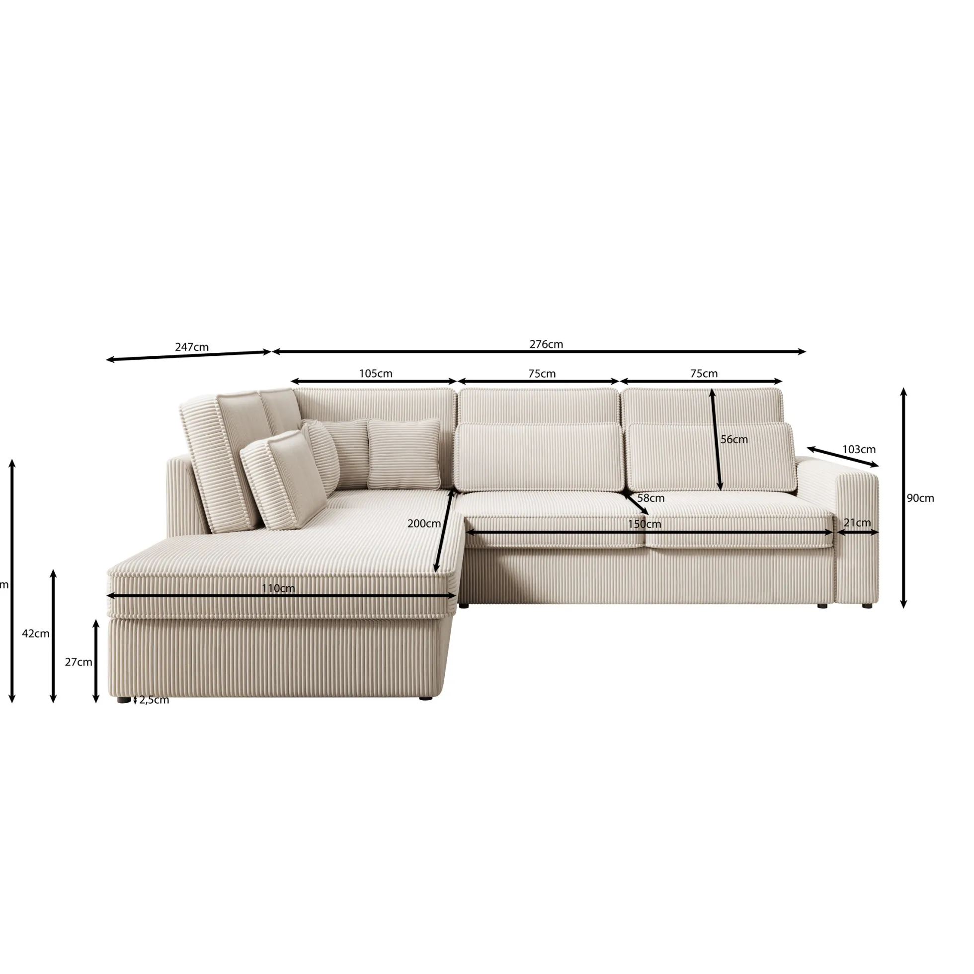 Montore - Hoekbank 5-zits met chaise longue - Ribstof beige - Links