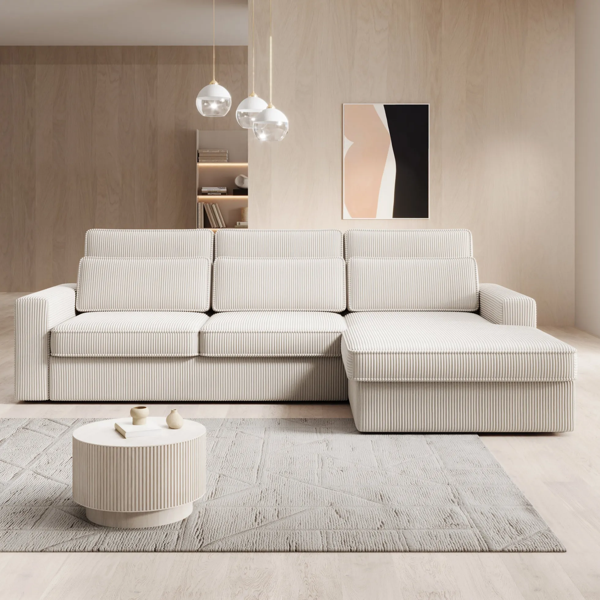Montore - Hoekbank 3-zits met chaise longue - Ribstof beige - Rechts