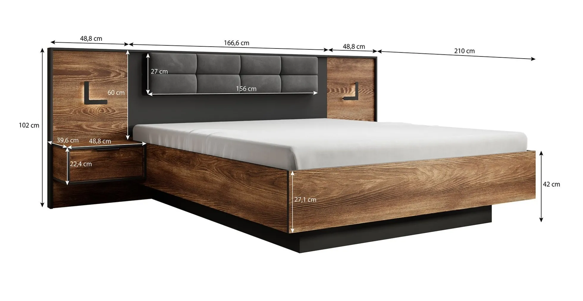 Mulvey - Tweepersoonsbed met nachtkastjes - Eiken/Antraciet - 160x200