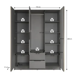 Nairobi - Kledingkast 3-deurs - Eiken/zwart - 155x51x200 cm